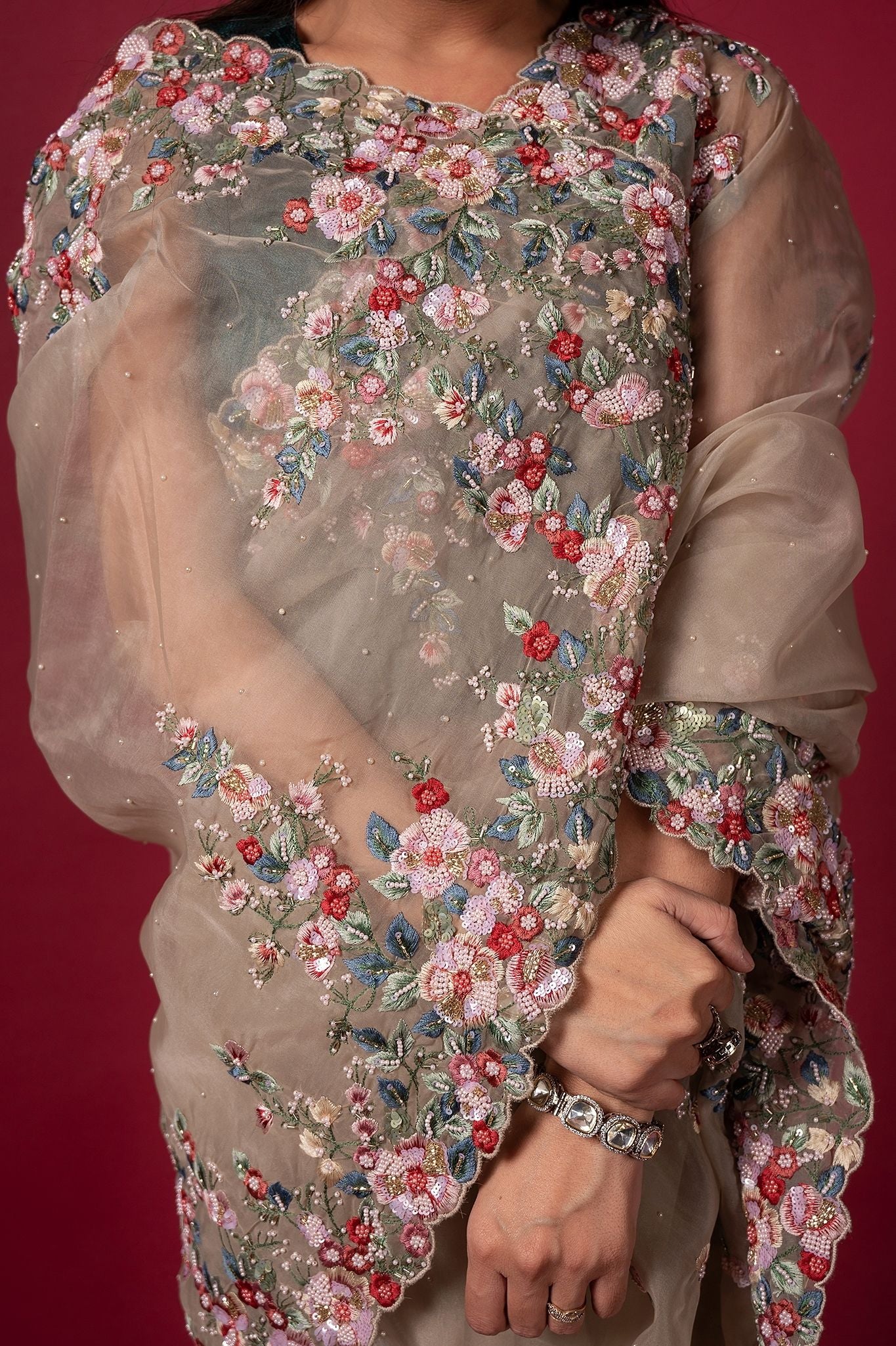 Sand organza pearl sequins kardana resham handwork saree