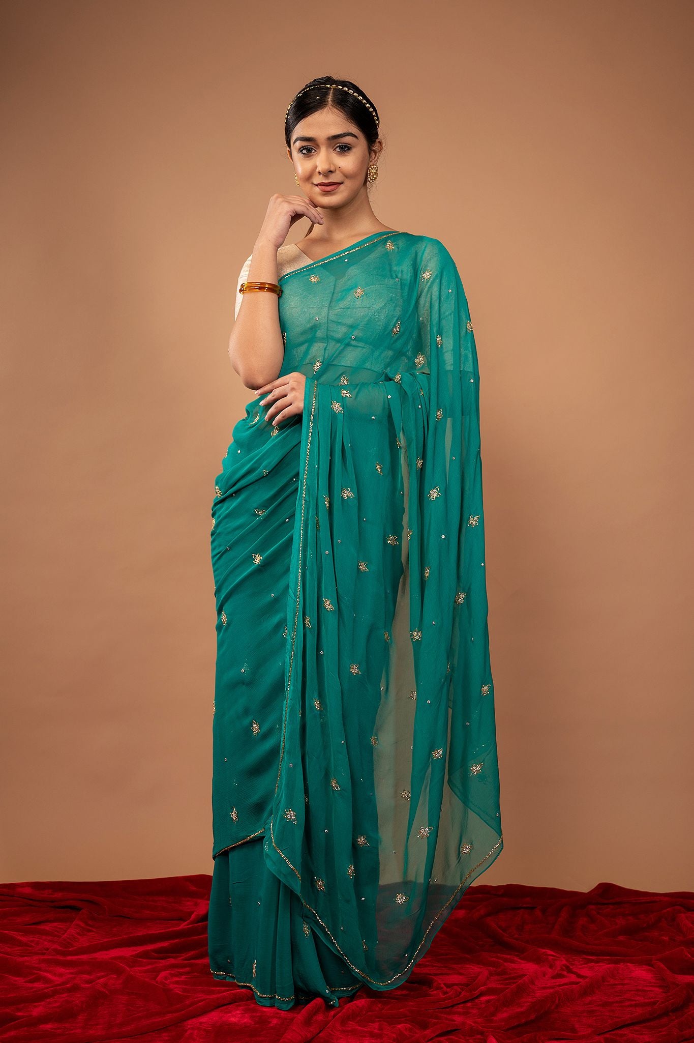 Rama green viscose chiffon kardana motif handwork casual wear saree