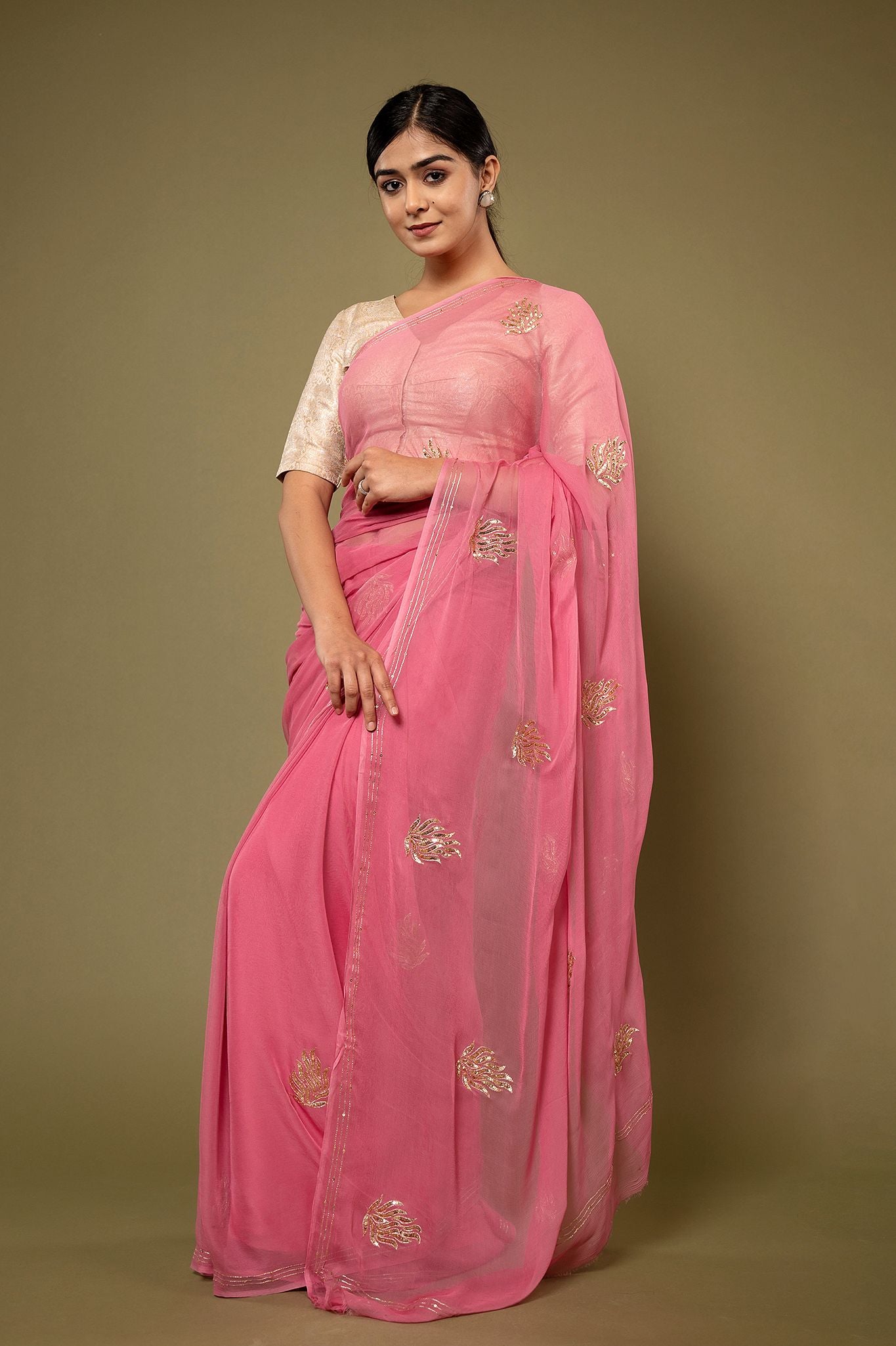 Pink viscose chiffon aari sequins motif handwork casual wear saree