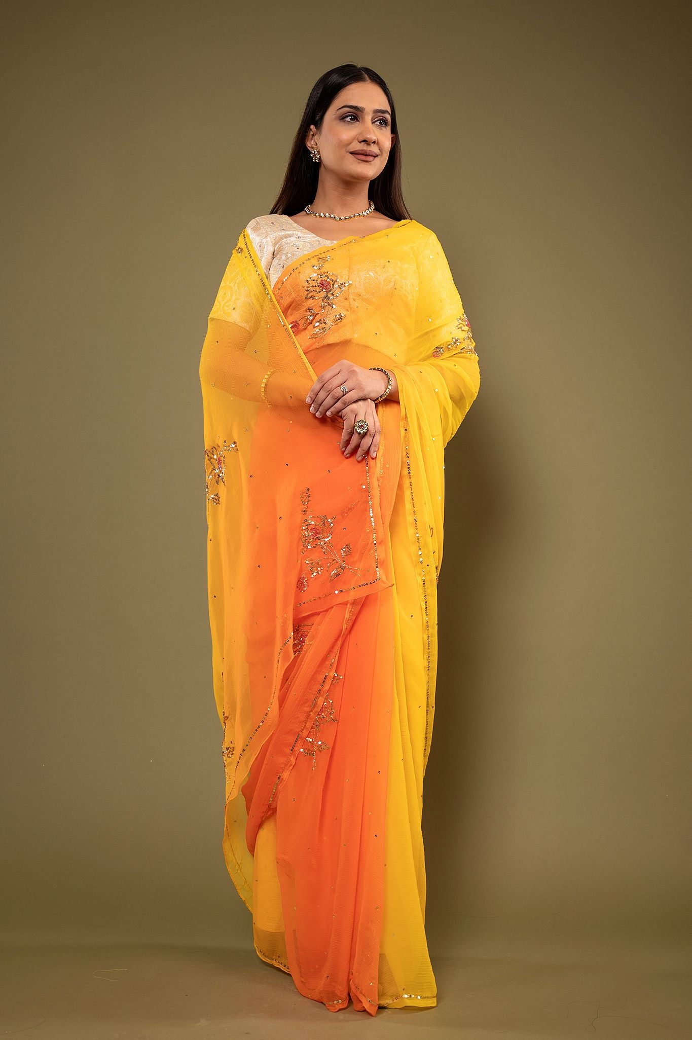 Orange yellow light dark viscose chiffon sequins motif handwork casual wear saree