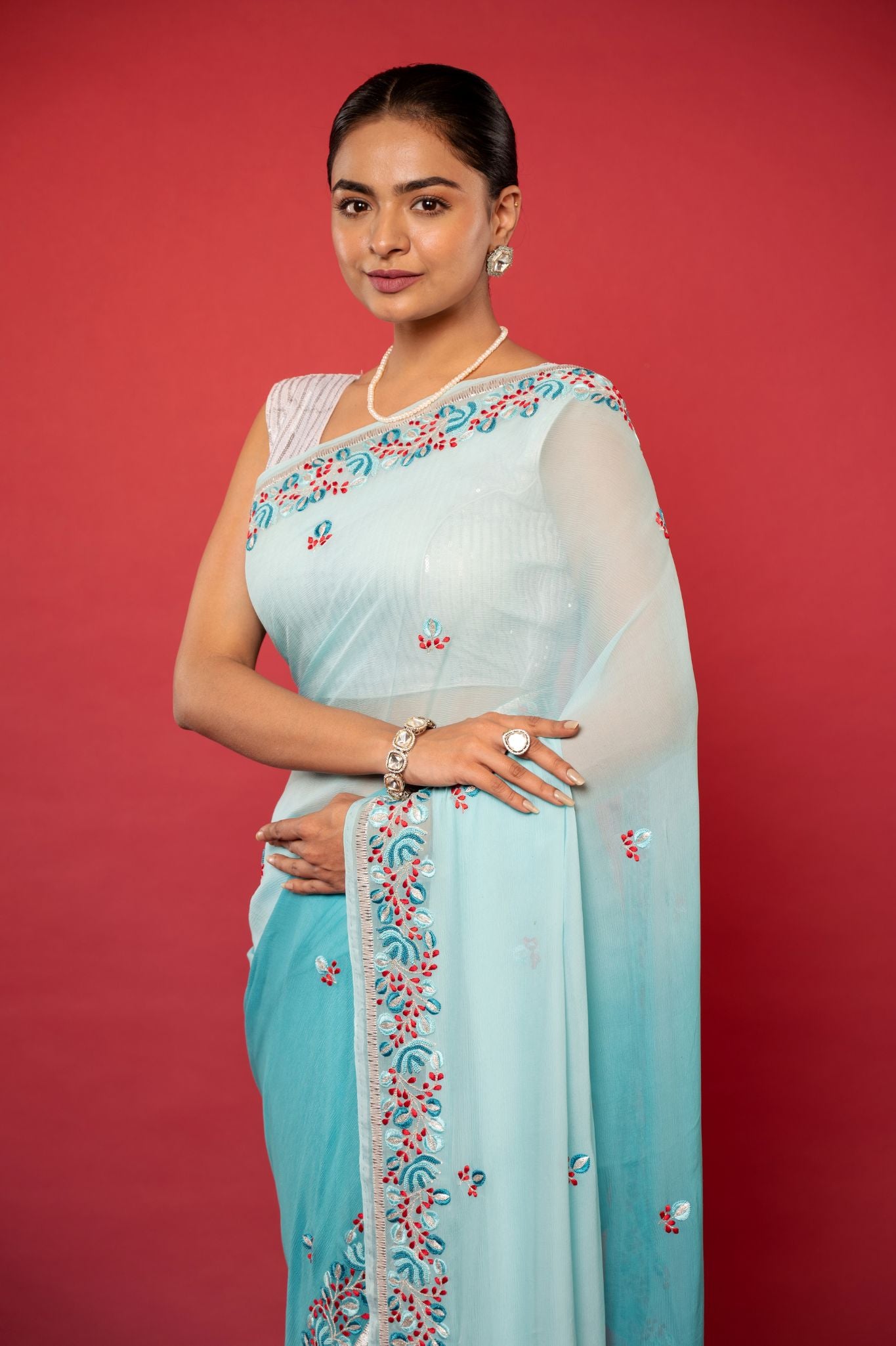 Sky blue light dark pure chiffon Resham Border butti handwork saree