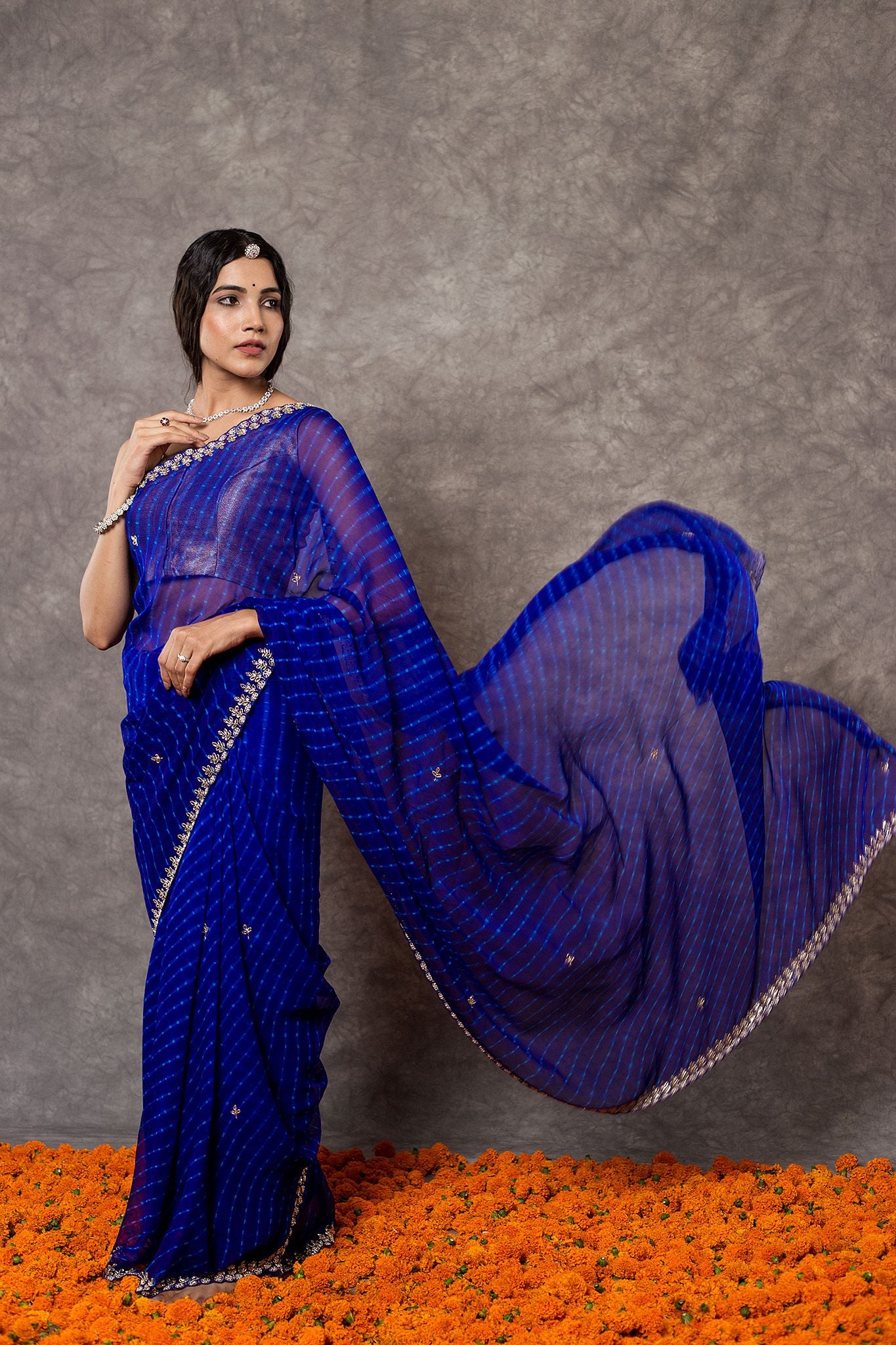 Blue Lehariya Pure Georgette 20 Gsm Kardana sequins border butti handwork traditional wear saree