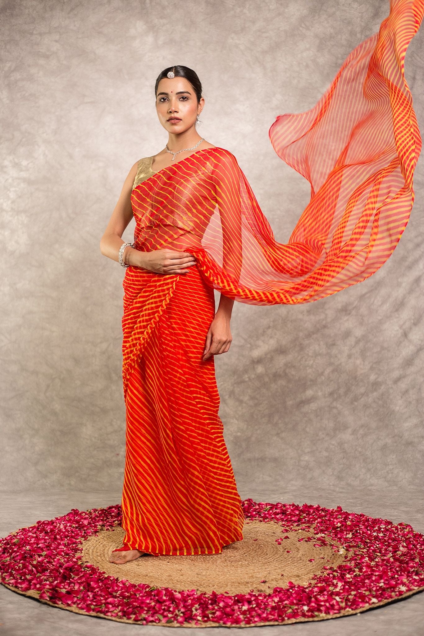 Orange lehariya Pure Georgette 20 Gsm plain hand dyed traditional wear saree