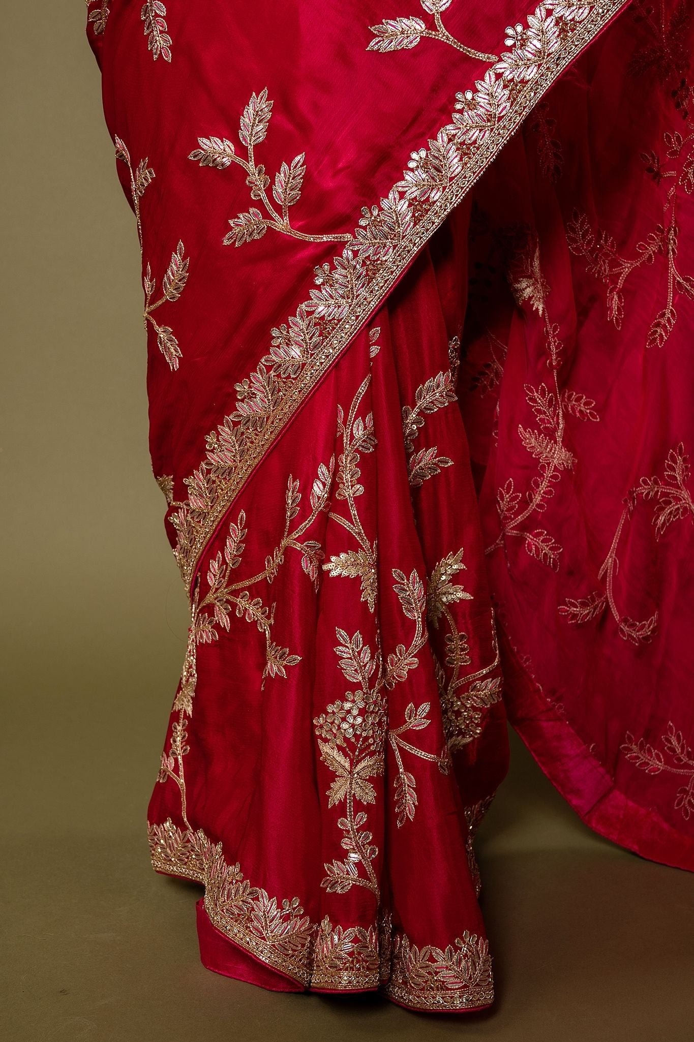 Red Pure Silk Satin aari gotta parti border butti jaal handwork saree