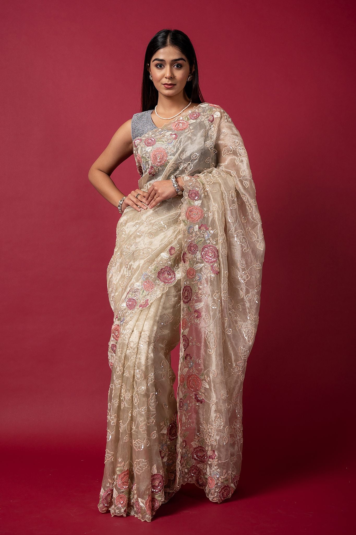 cream Tissue organza fancy sequins handwork saree