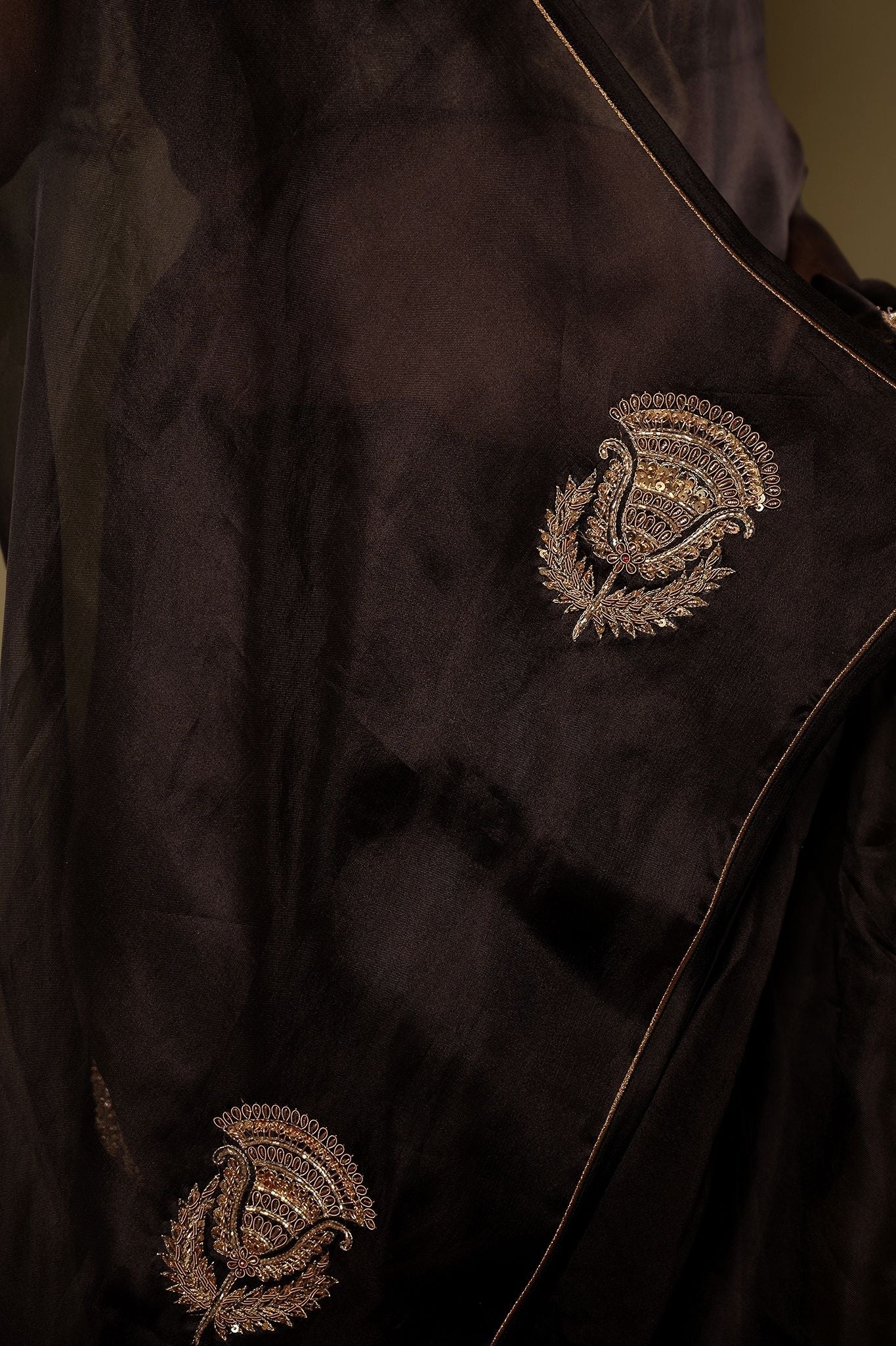 Black pure organza zardozi motif handwork saree