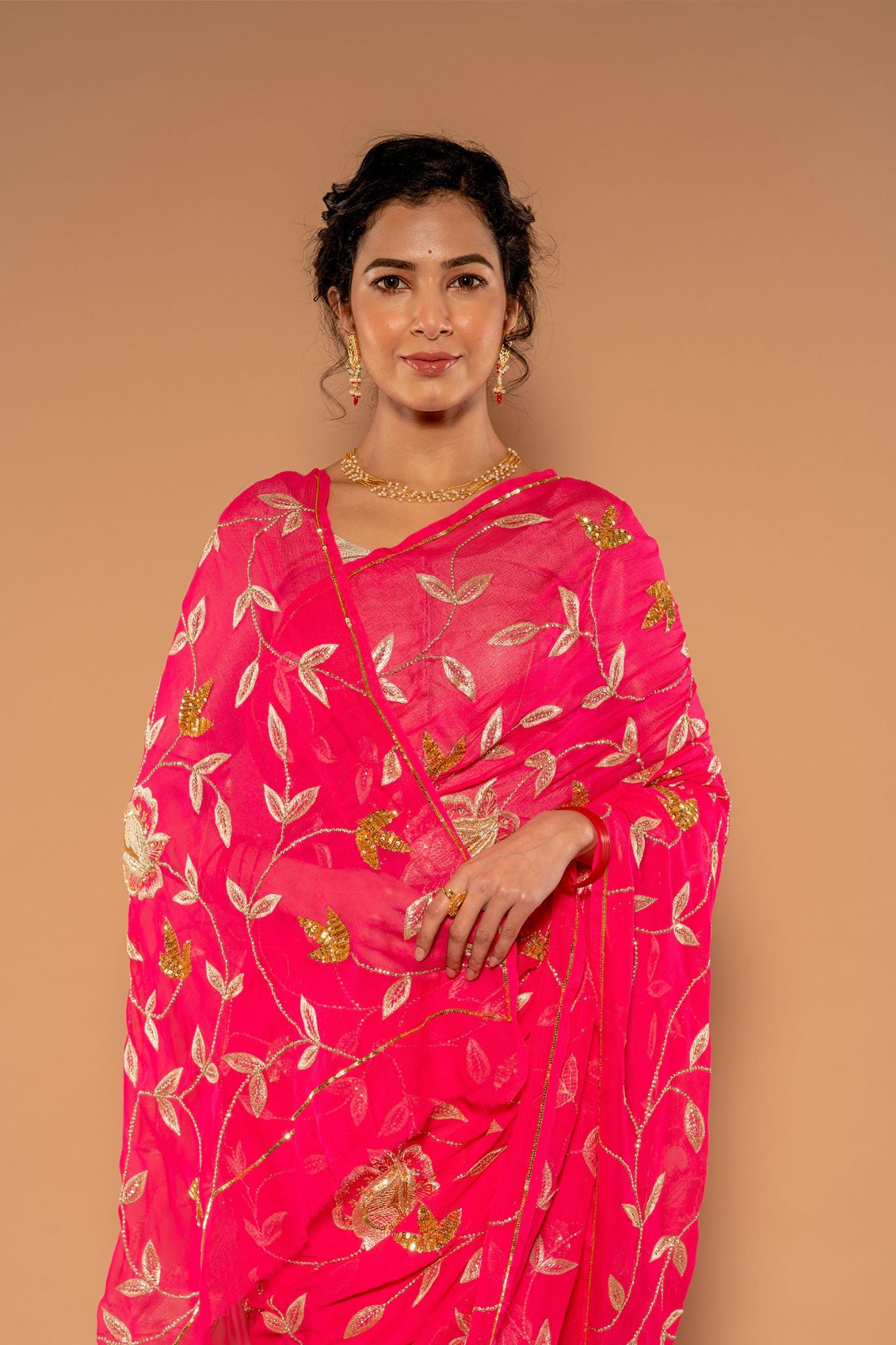 Gajri Pure Chiffon Aari sequins Jaal Handwork Saree