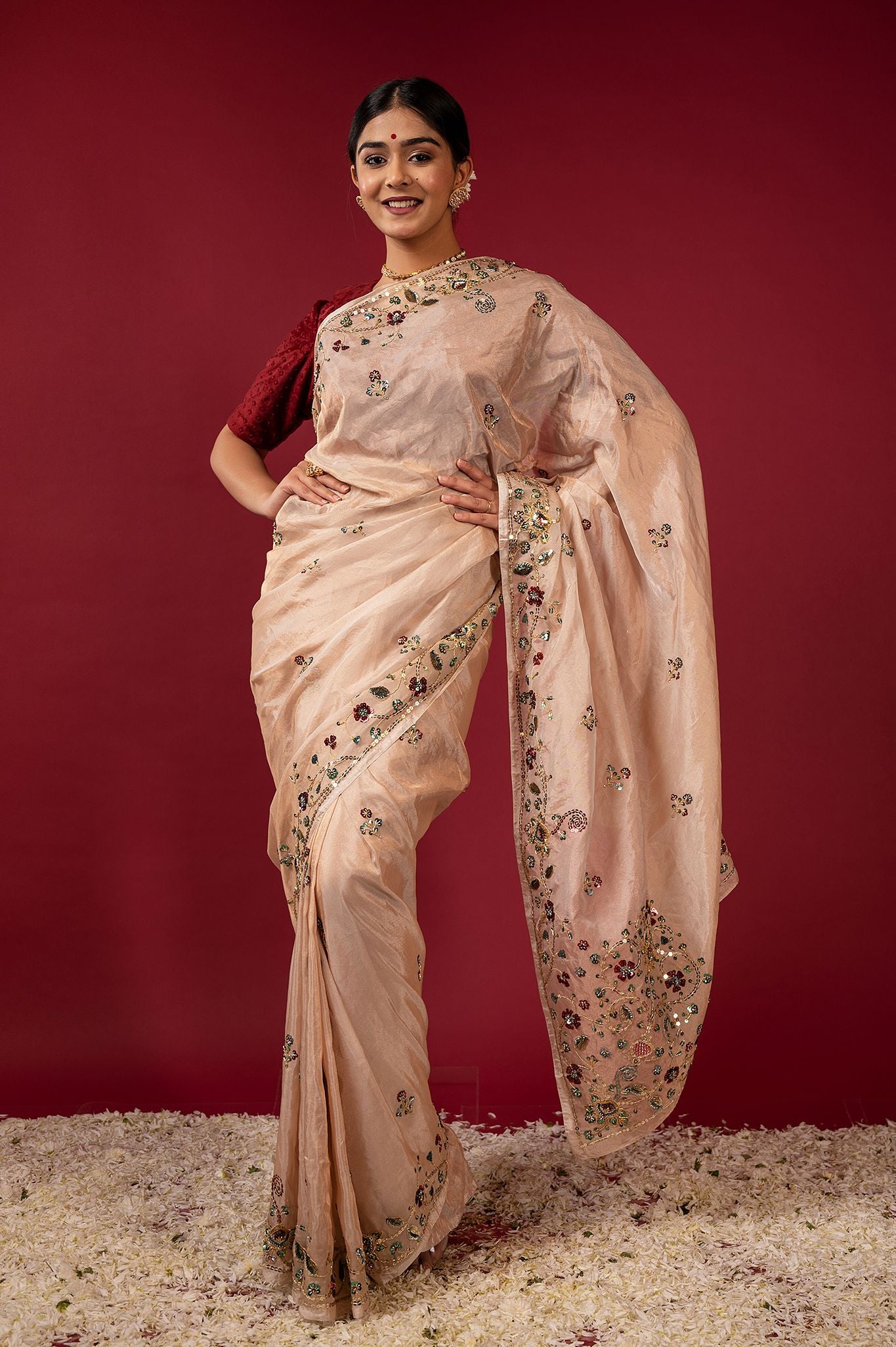 Cream Pure Tissue aari sequins handwork saree