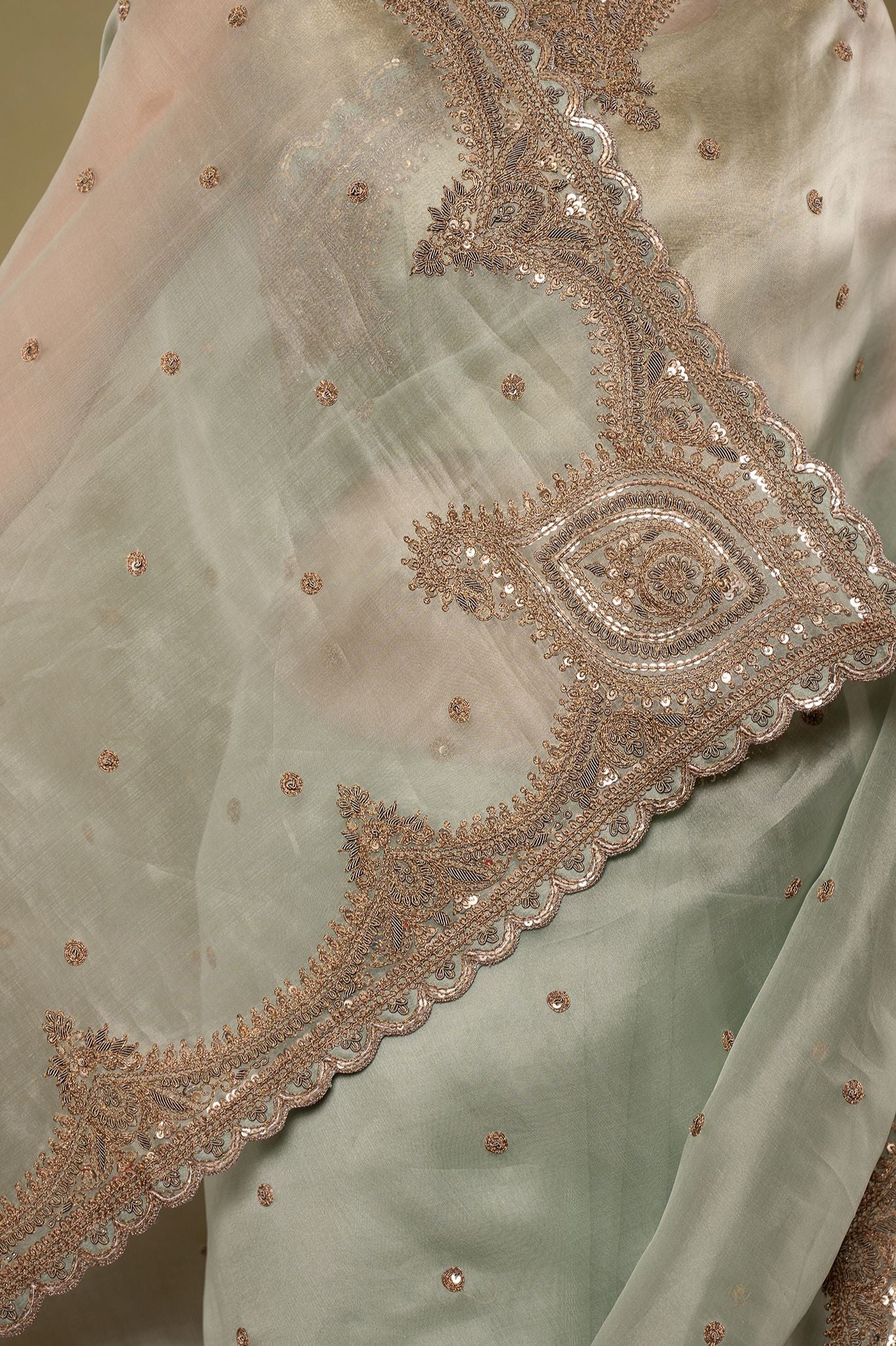 Greyish Green pure organza Dapka Marodi Border Butti handwork saree