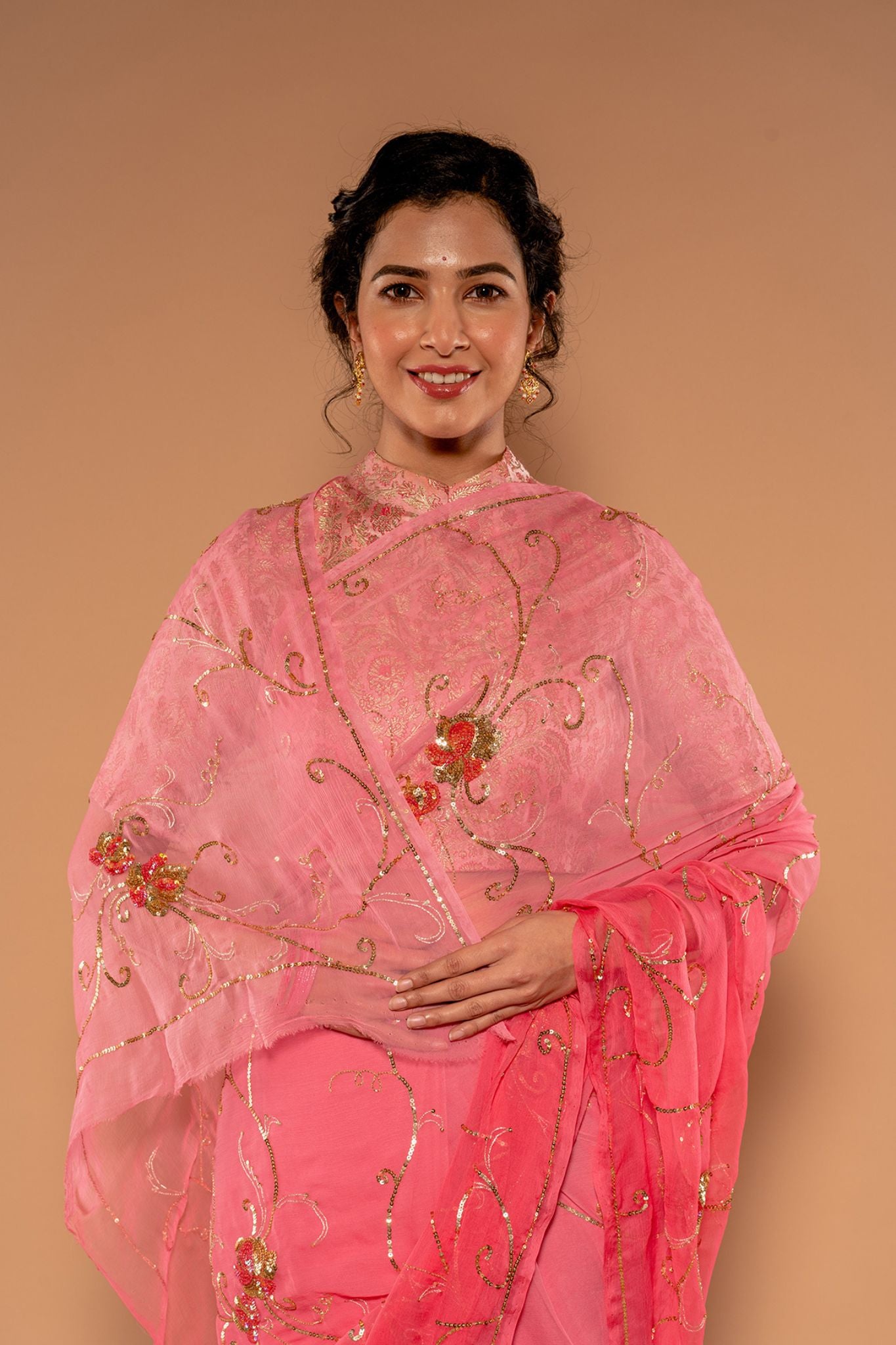Gajpri Pink Viscose Chiffon Sequnce Jaal with Motif Handwork Saree