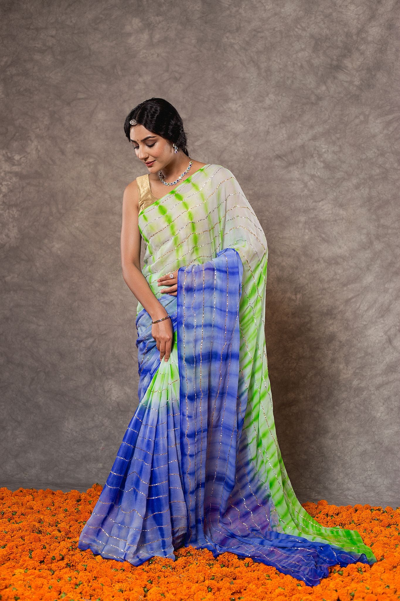 Multi Shaded pure Georgette 20 Gsm Sequins Handwork Saree