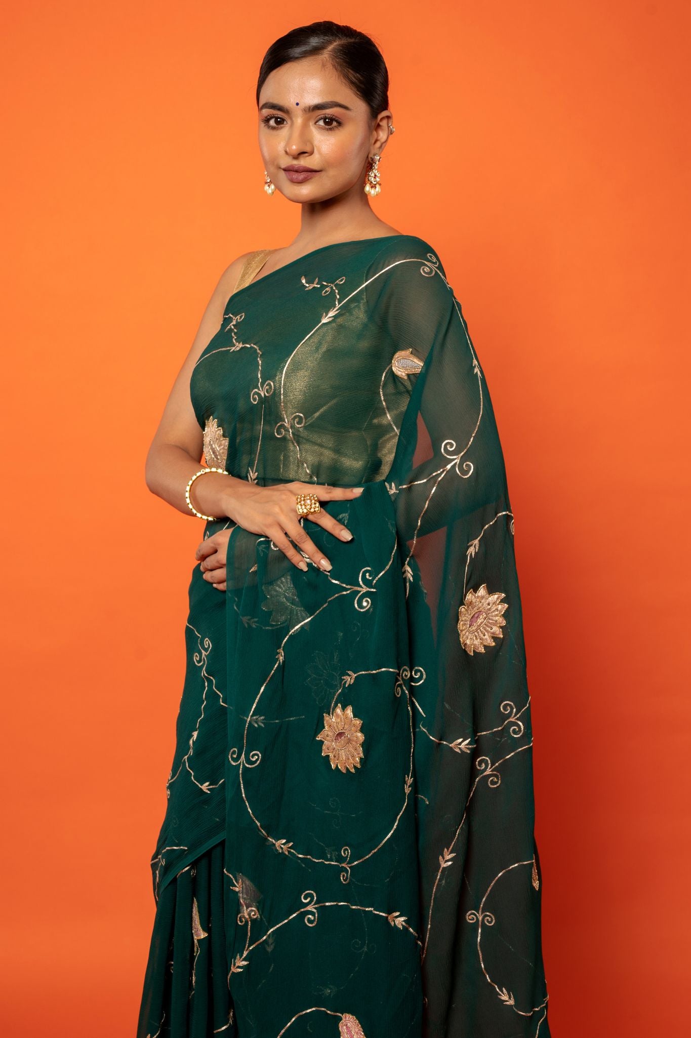 Green pure chiffon chanderi butti aari jaal handwork saree