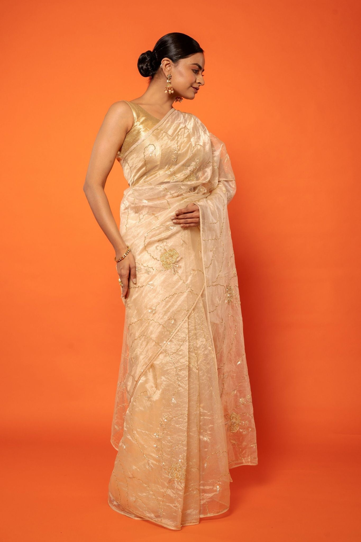Golden Pure Tissue aari sequins jaal handwork party wear saree
