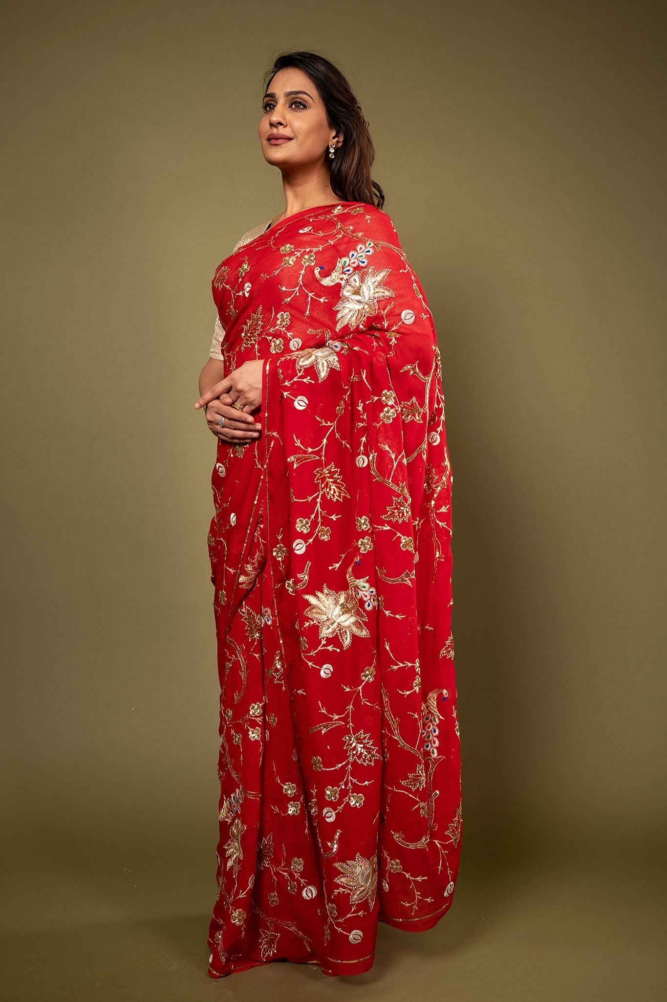 red pure chiffon aari sequins jaal handwork saree