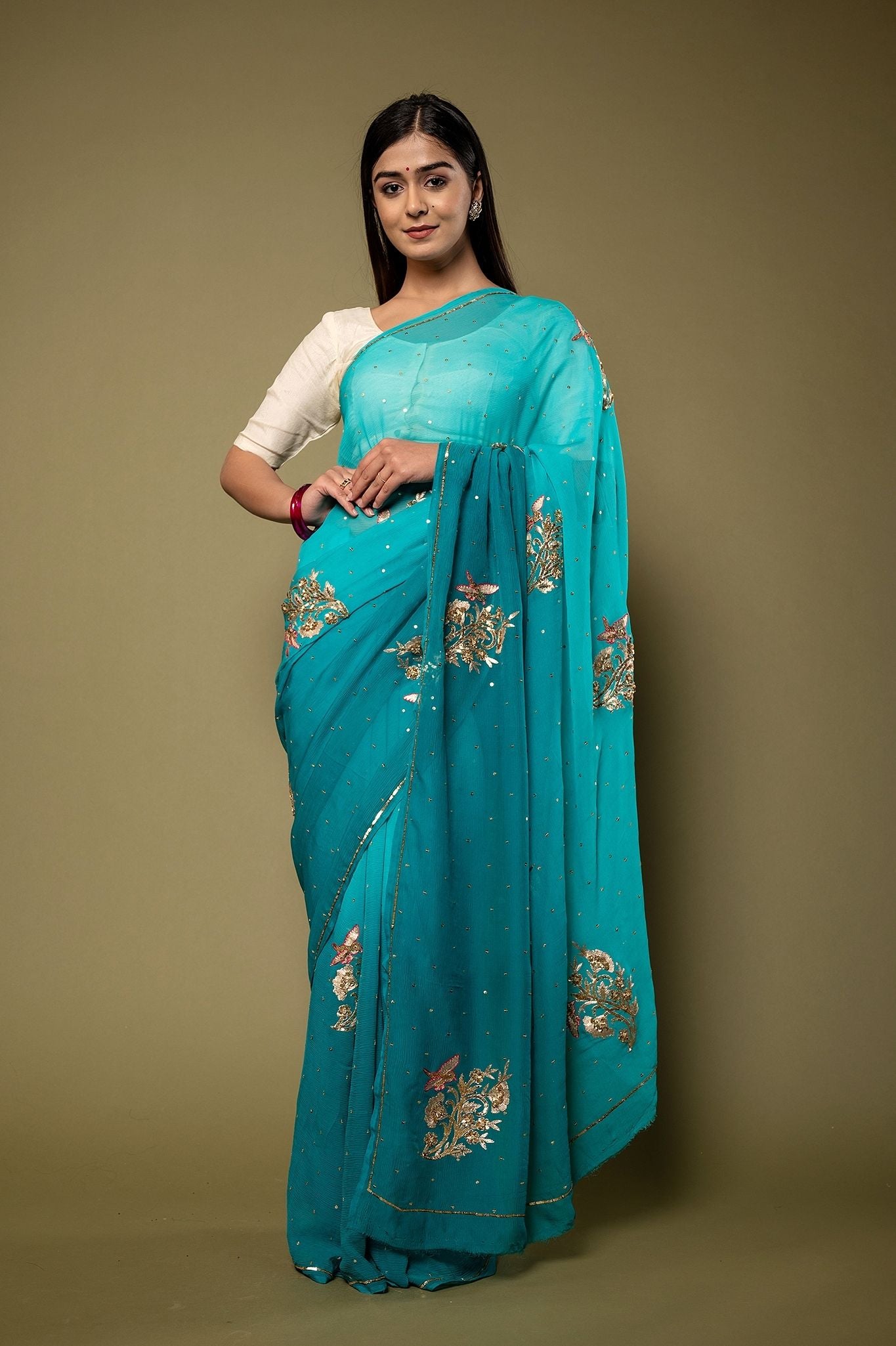 Rama Blue Light dark Pure Chiffon sequins motif handwork saree