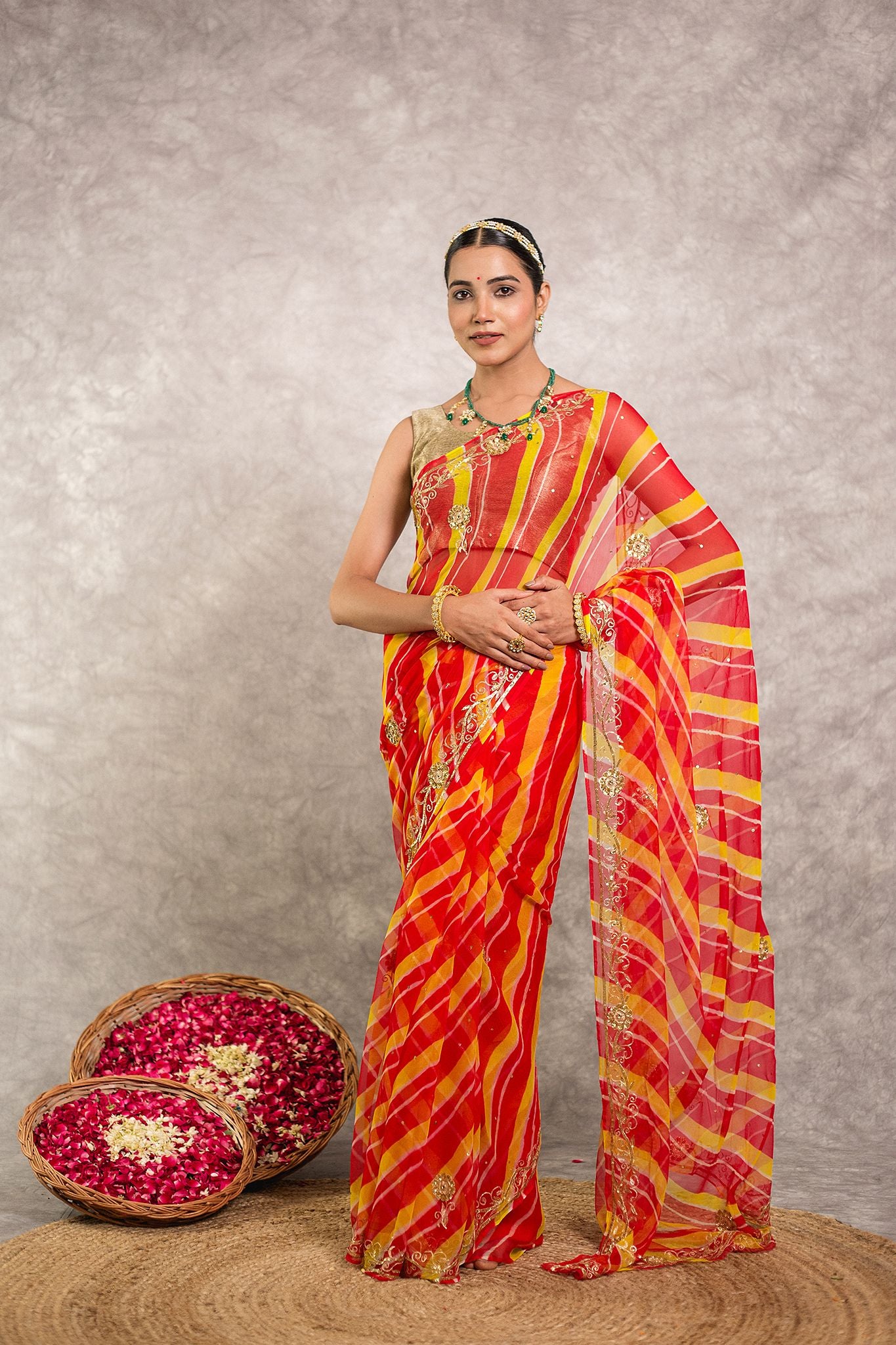 Orange lehariya Pure Georgette 20 Gsm aari sequins border butti handwork traditional wear saree