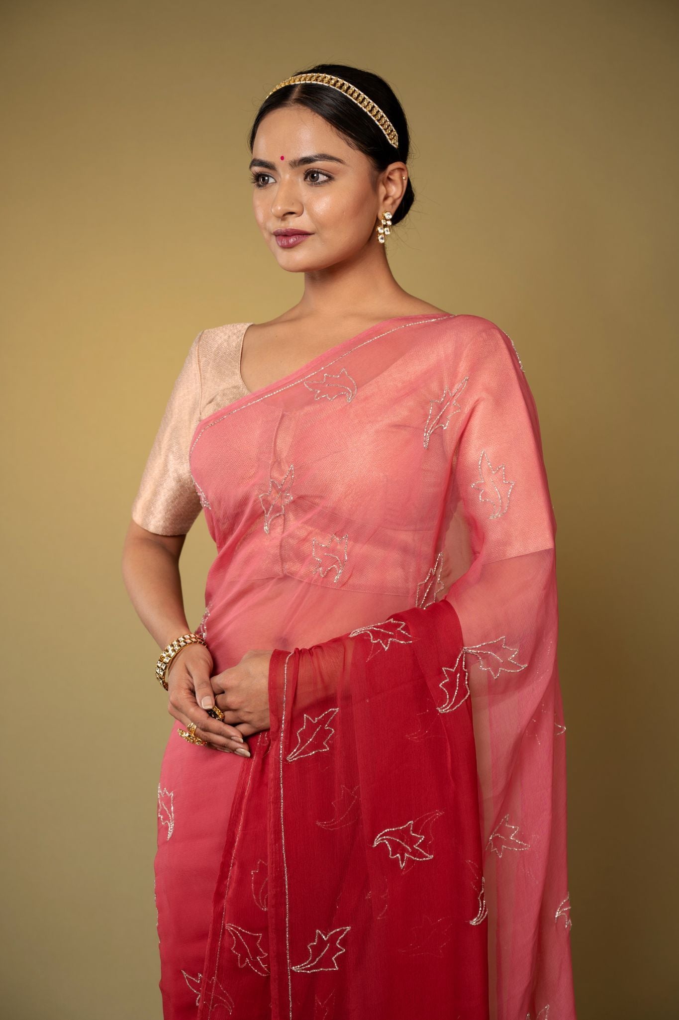 Burgundy red viscose chiffon kardana handwork casual wear saree