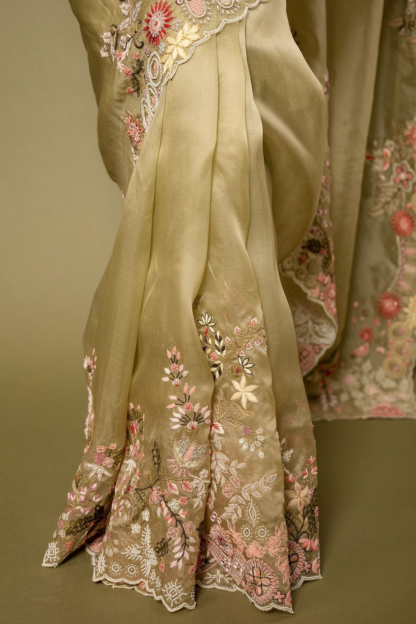 Mint Organza Resham Zardozi border butti handwork saree