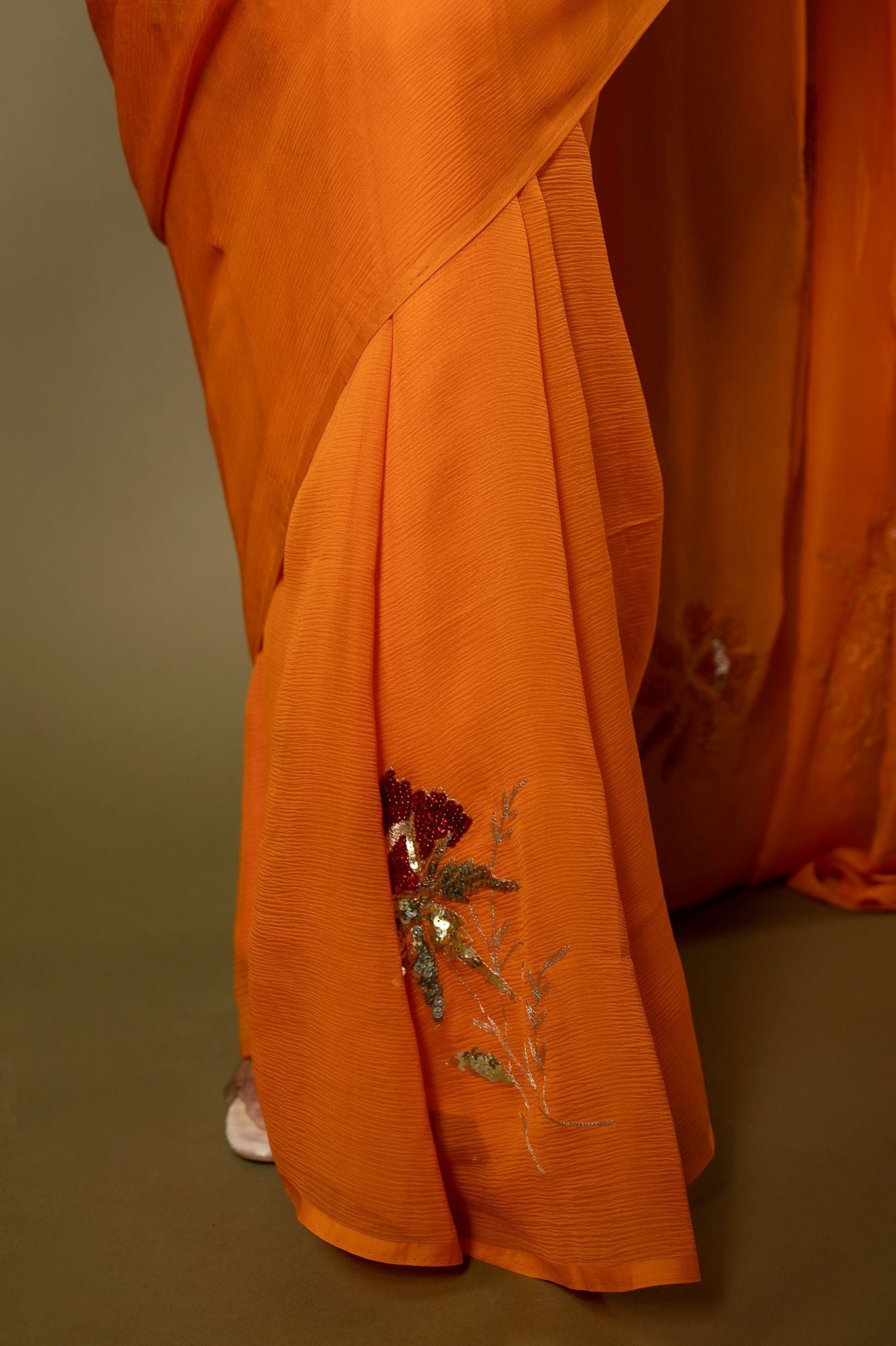 Kesariya yellow Pure Chiffon Aari sequins Motif Handwork Saree