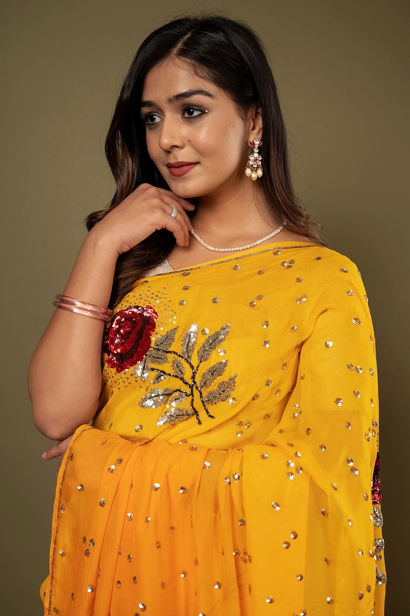 Mustard pure chiffon Sequins kardana motif handwork saree