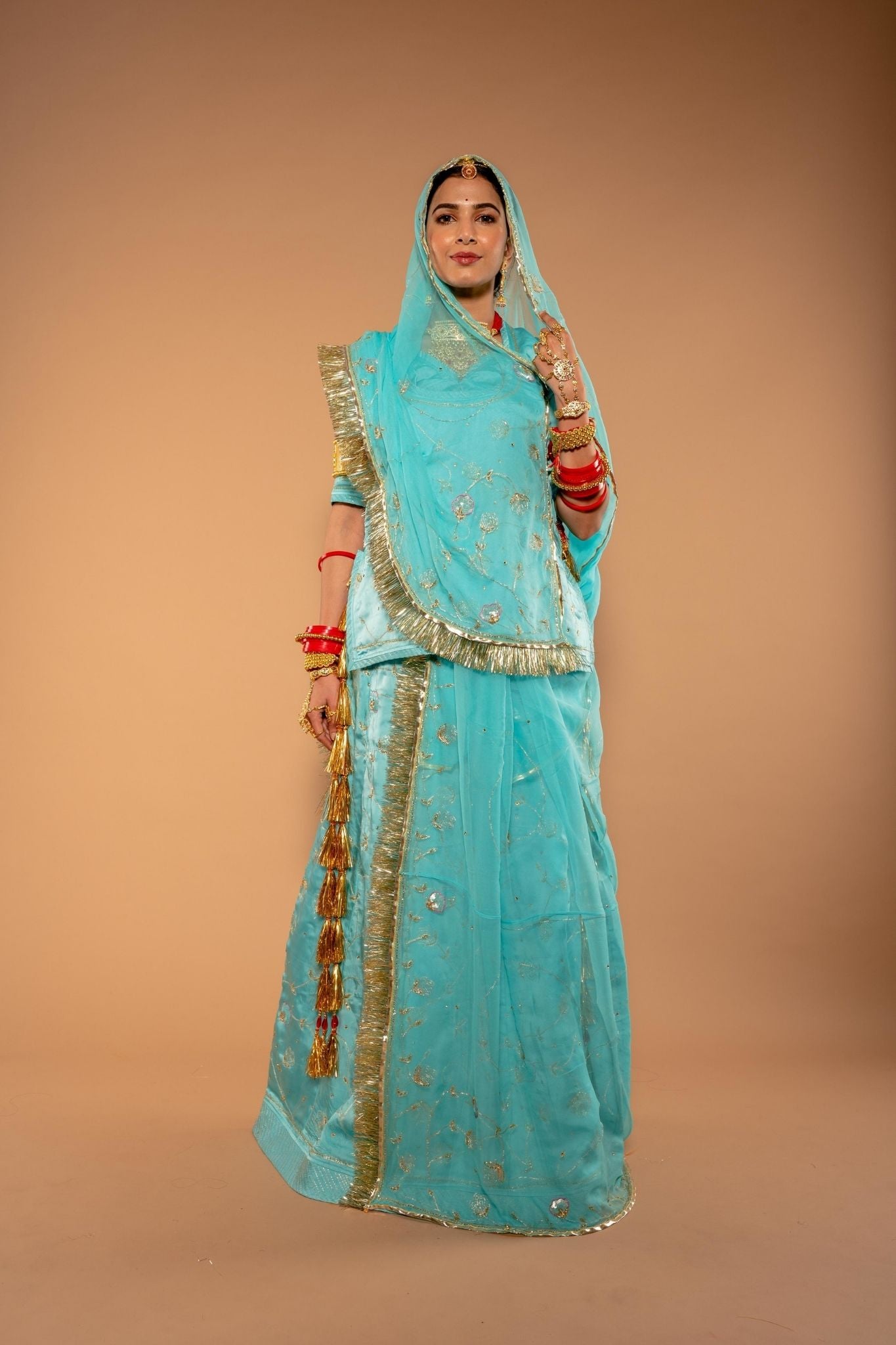 firozi bamber satin kardana sequins handwork poshak with pure odhna