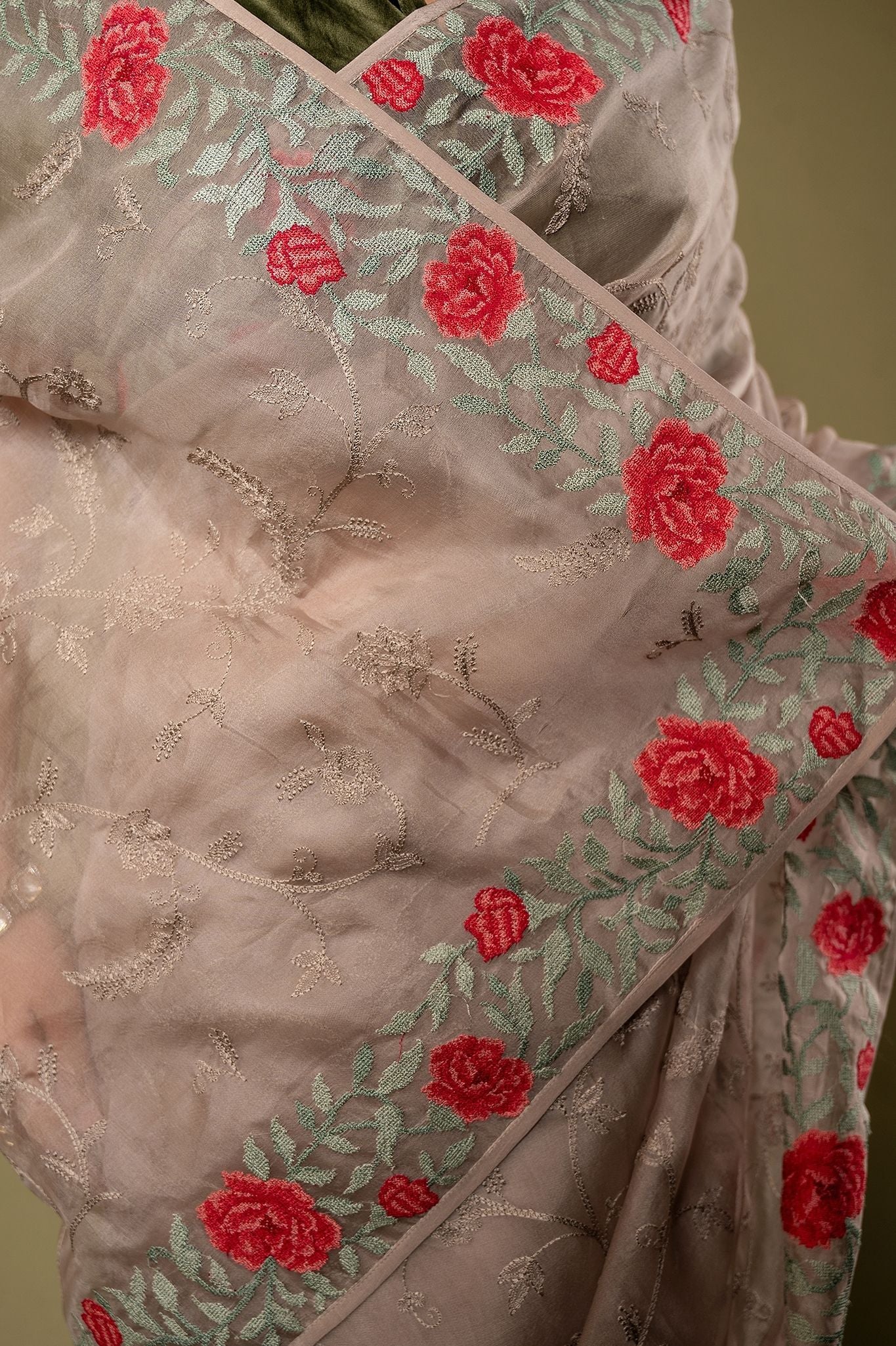 Grey Organza resham border jaal handwork saree