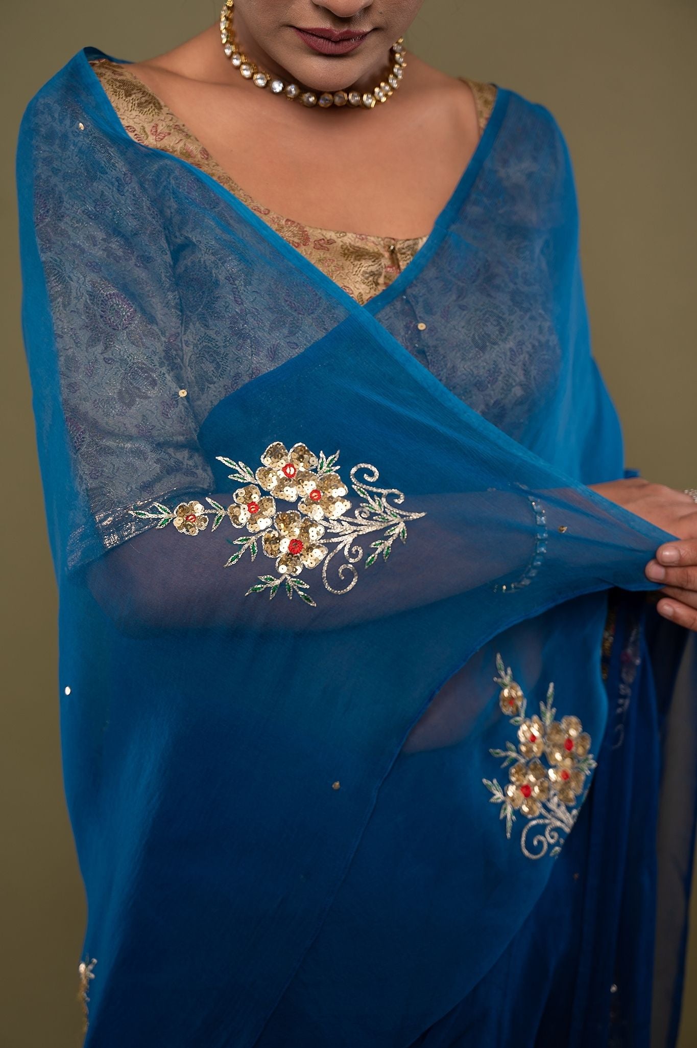 blue viscose chiffon aari sequns handwork saree