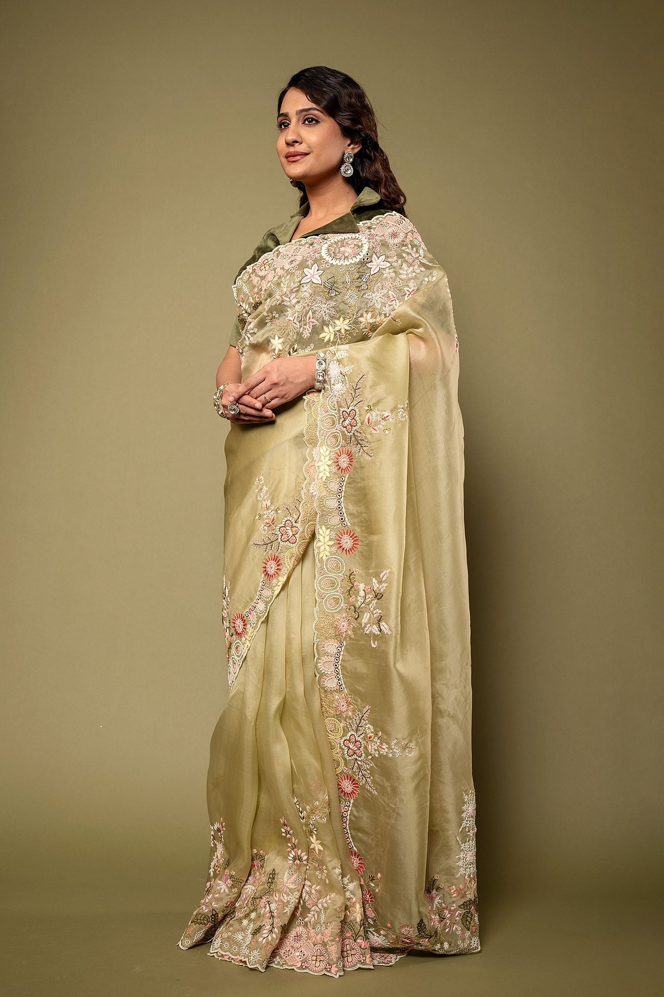 Mint Organza Resham Zardozi border butti handwork saree
