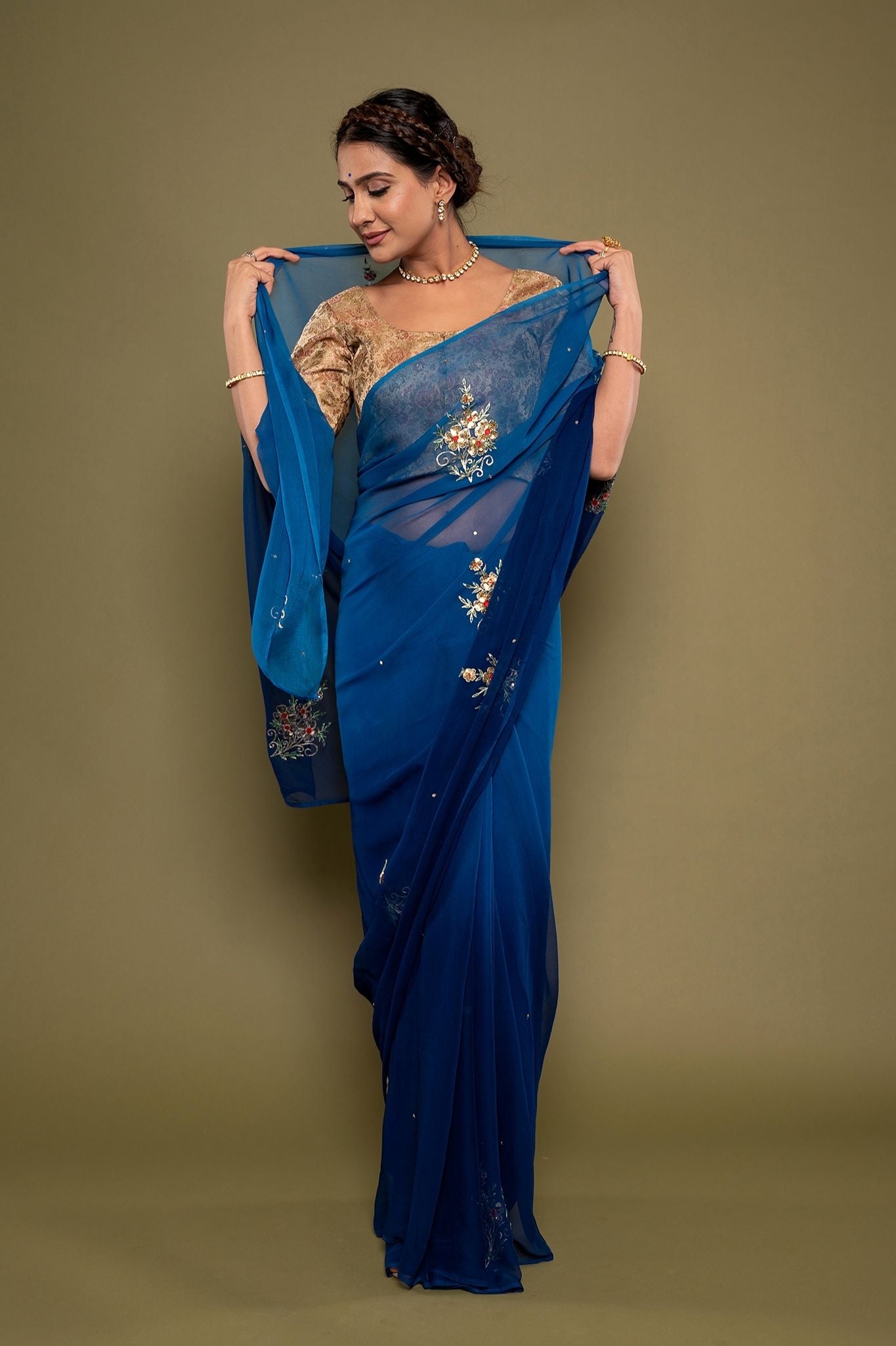 blue viscose chiffon aari sequns handwork saree