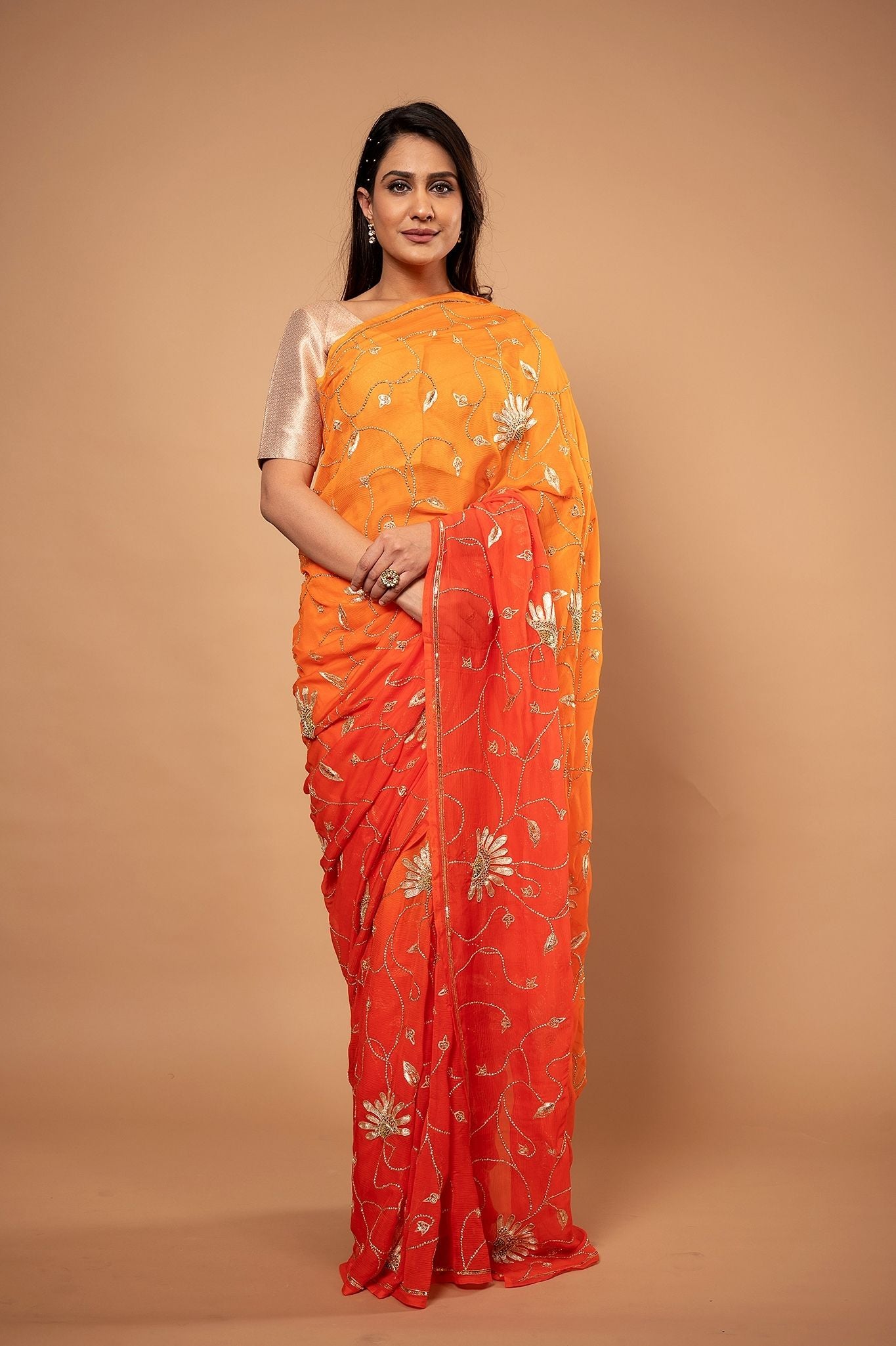 Orange light dark pure chiffon aari sequins jaal handwork saree
