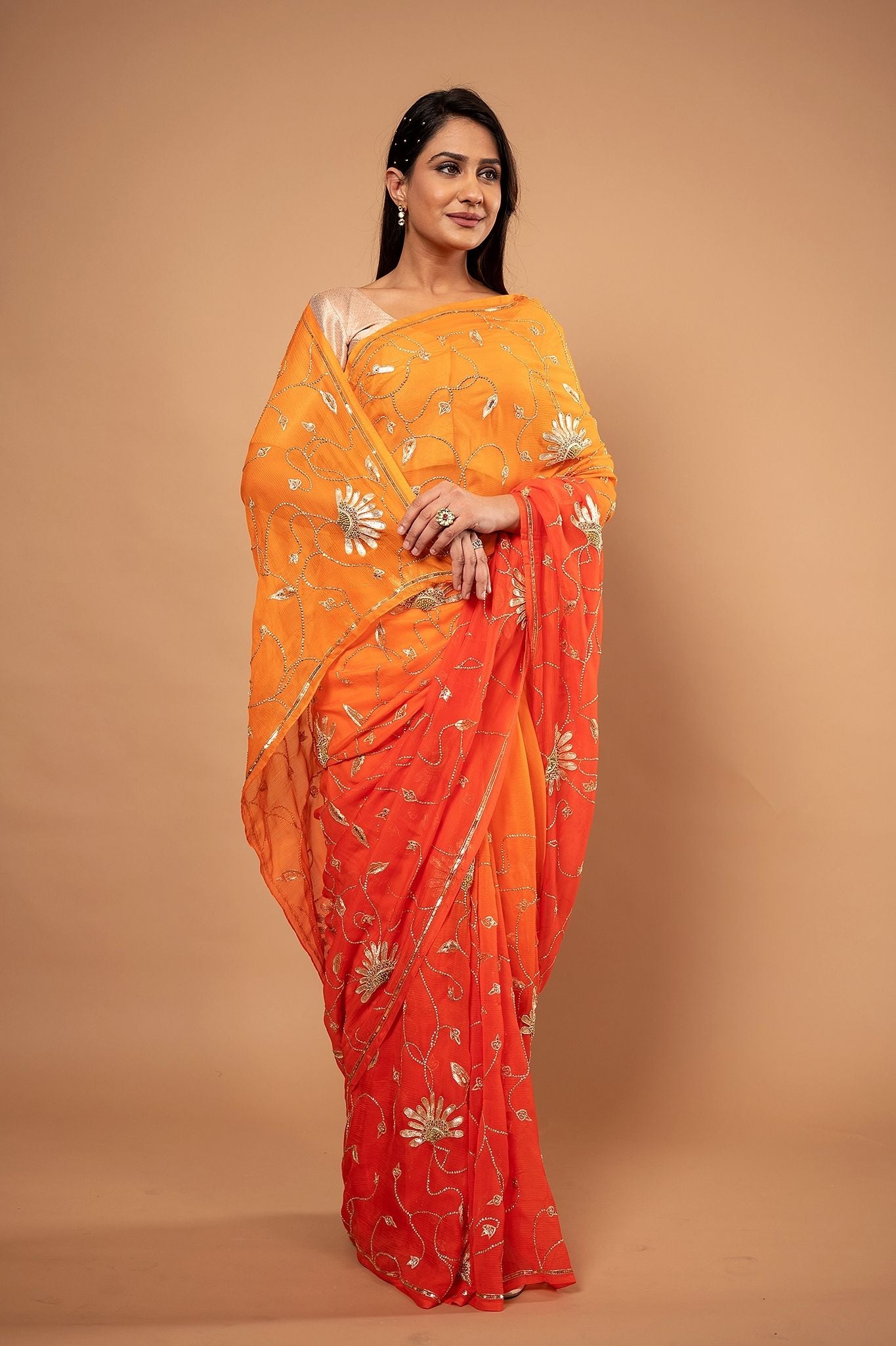 Orange light dark pure chiffon sequins jaal handwork saree
