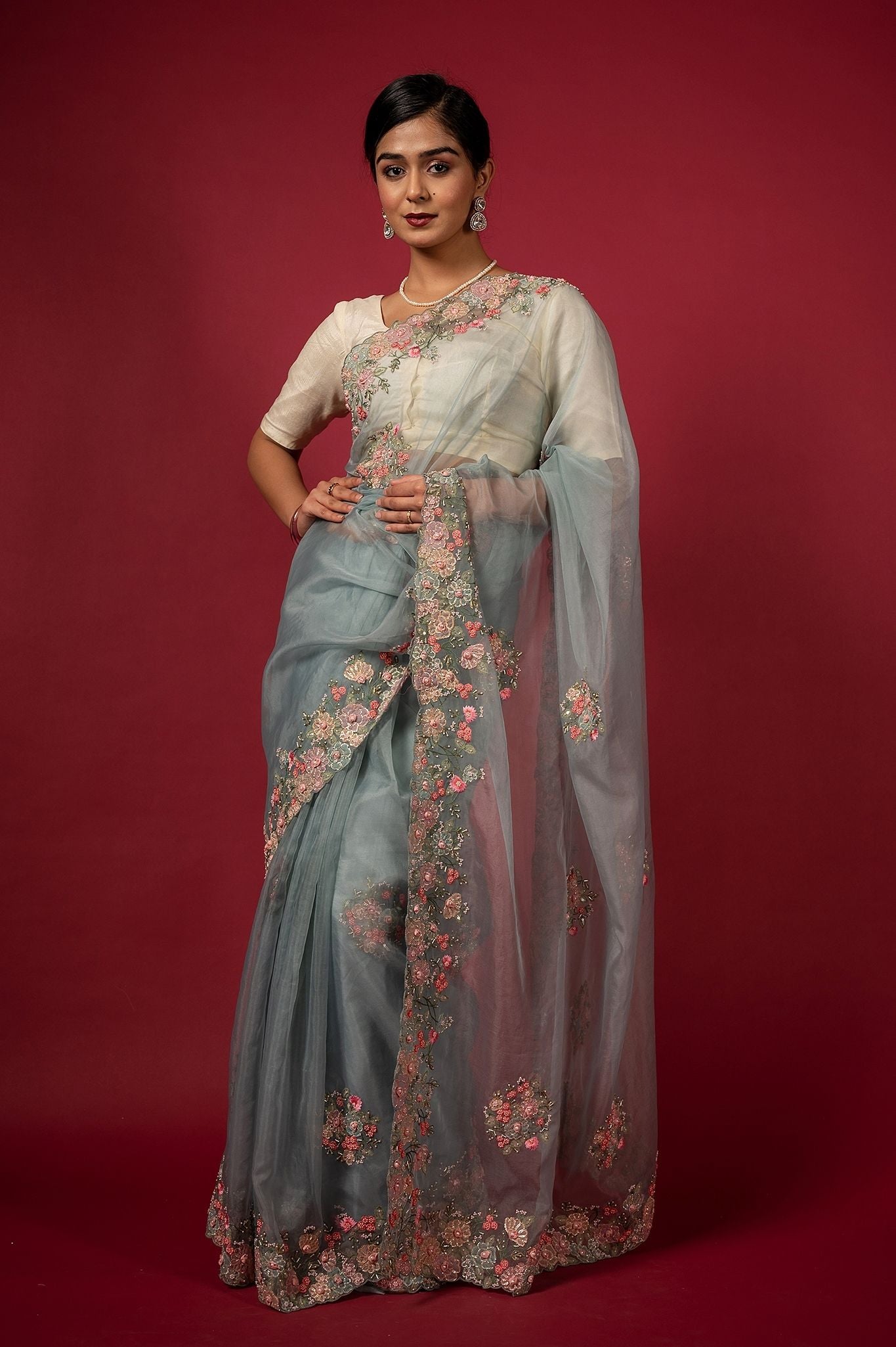 Grey organza fancy work handwork saree