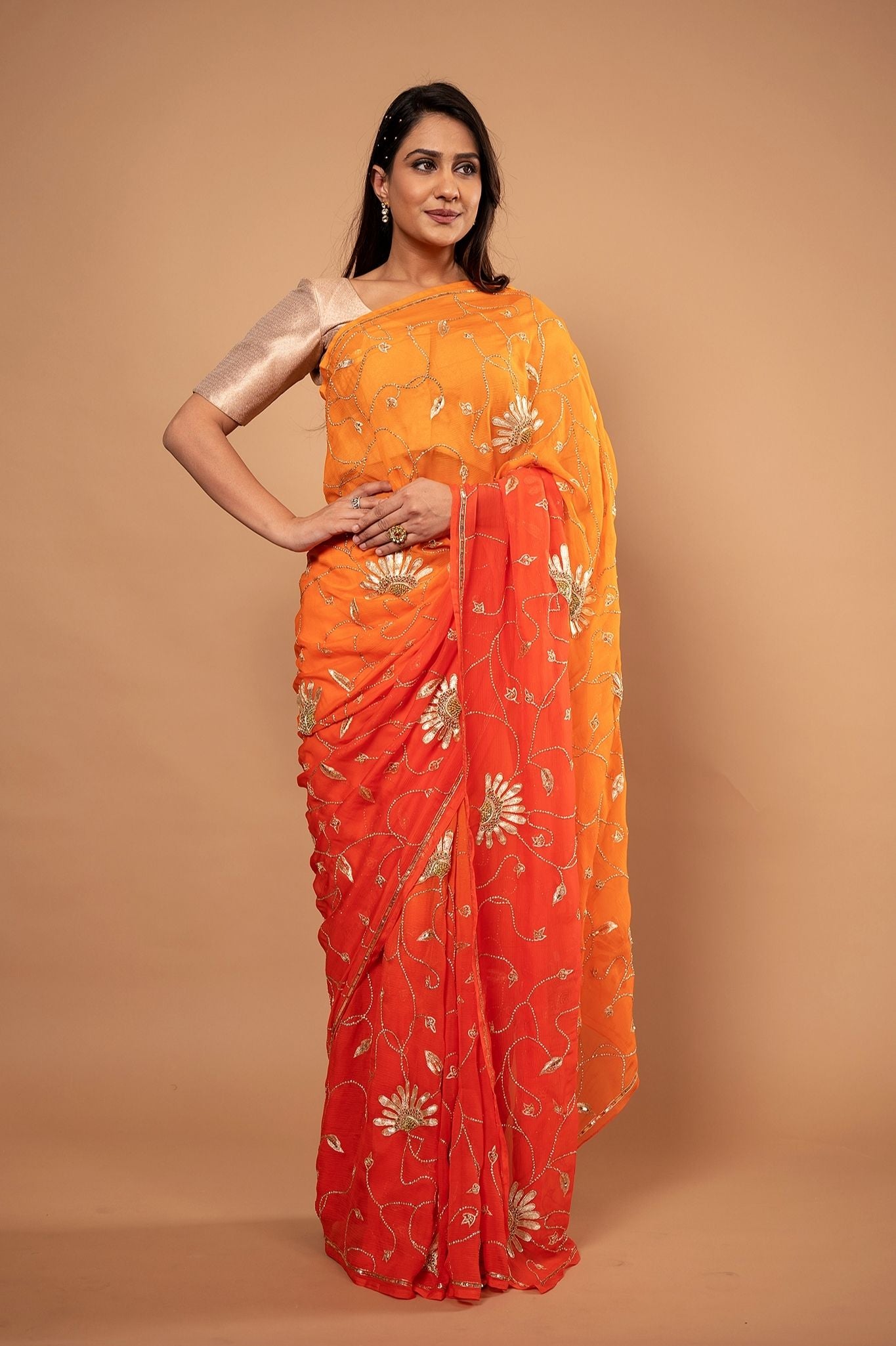 Orange light dark pure chiffon aari sequins jaal handwork saree