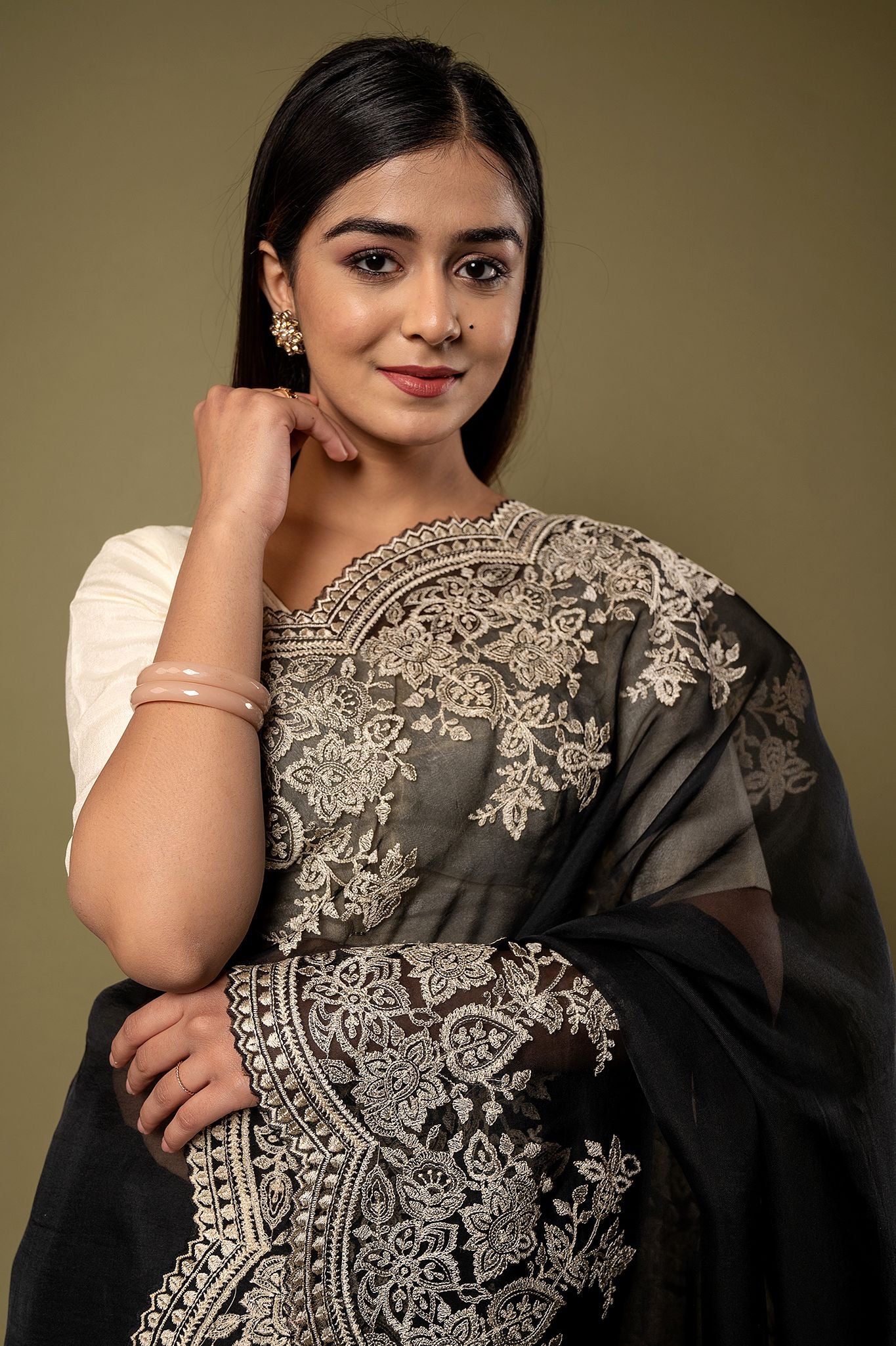 Black Organza dabka marodi border butti handwork saree