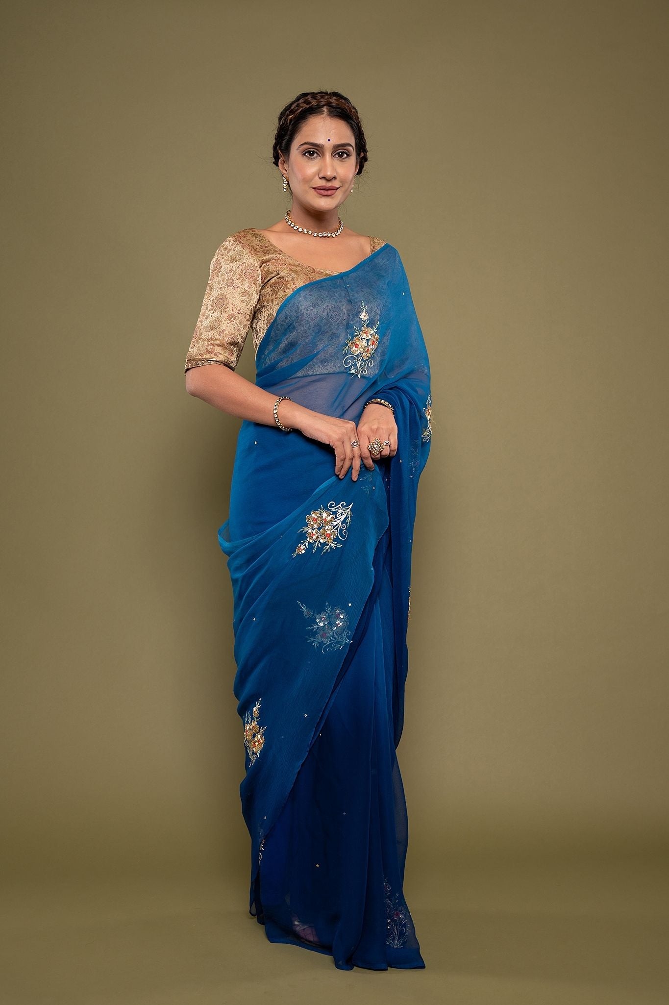 blue viscose chiffon aari sequns handwork saree