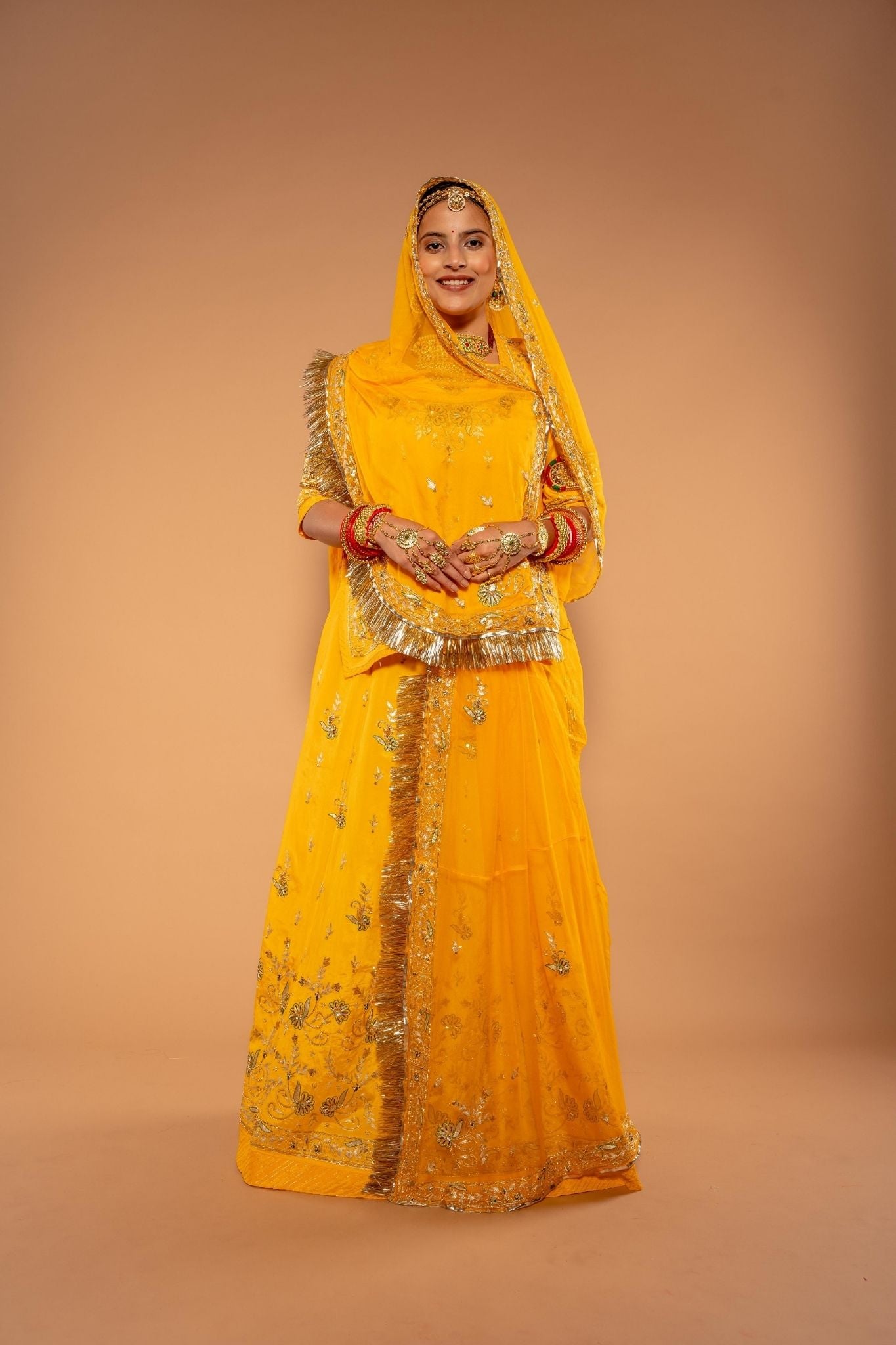 yellow bamber satin aari zardozi handwork poshak with pure odhna