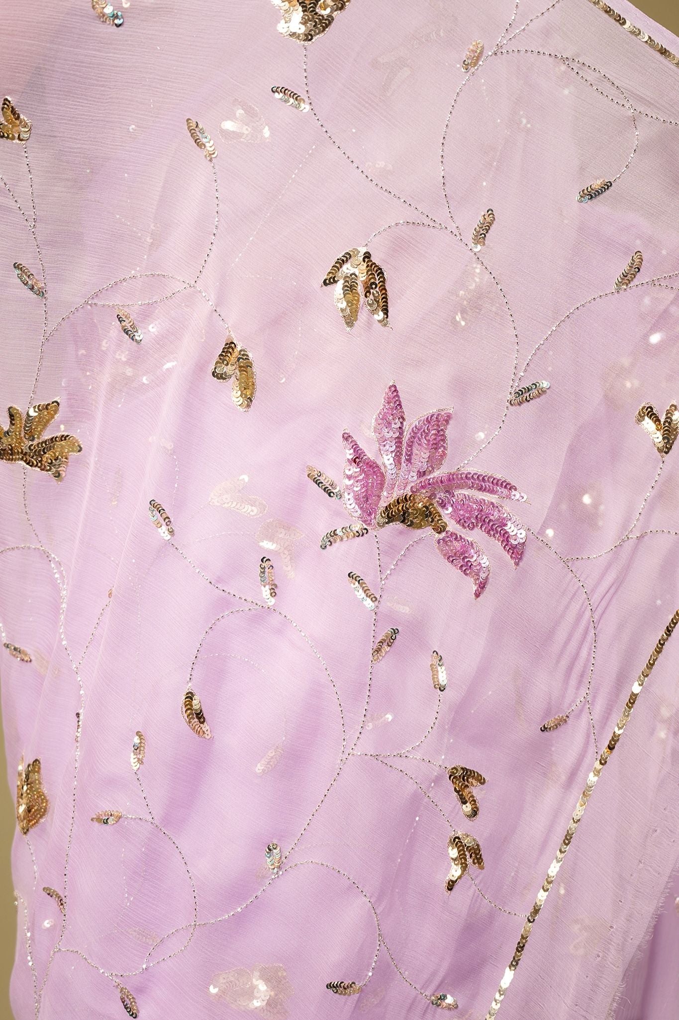 Lavender pure chiffon sequins kardana jaal handwork saree