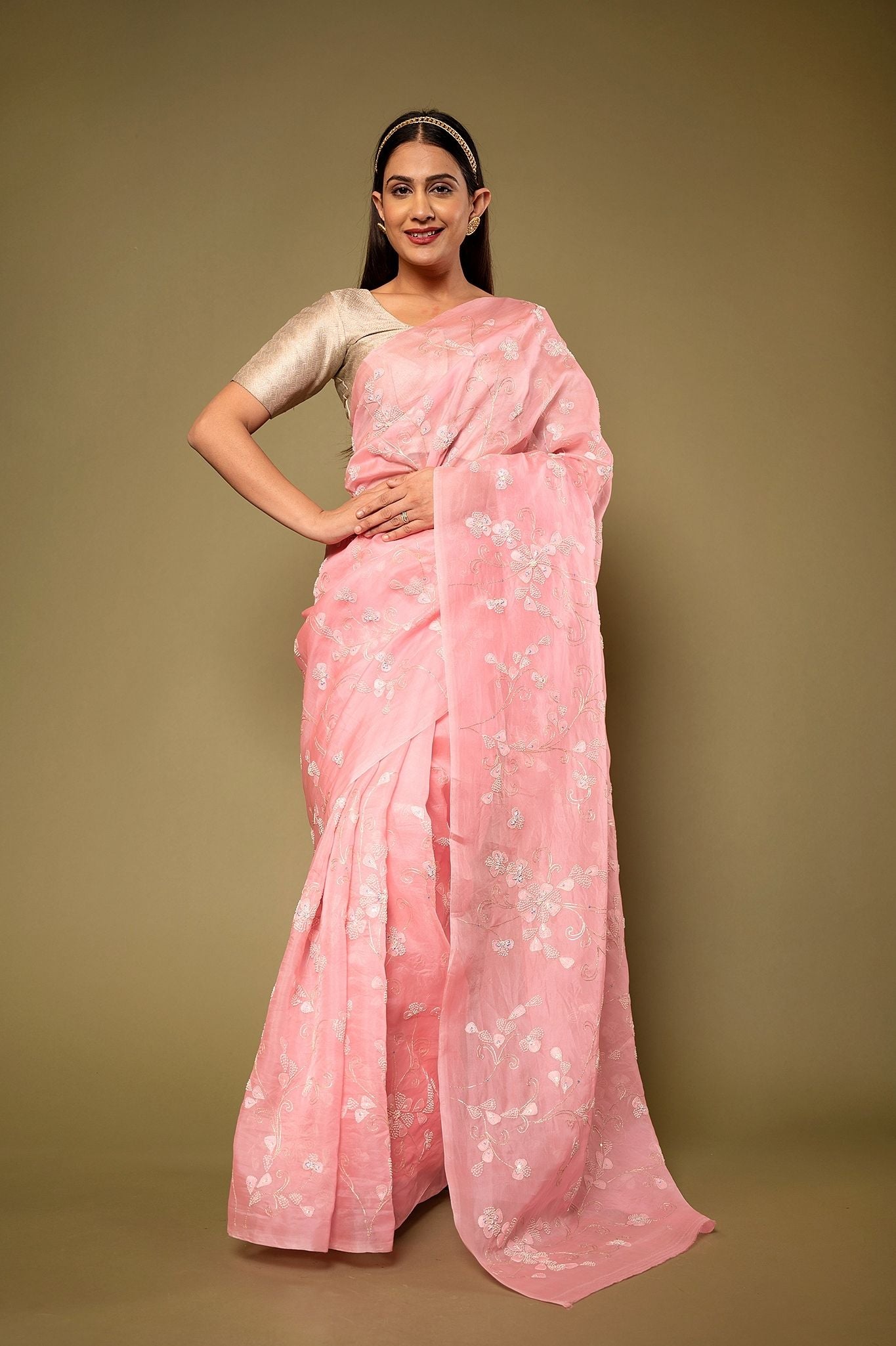 Baby Pink Organza resham embroidery jaal Handwork Saree