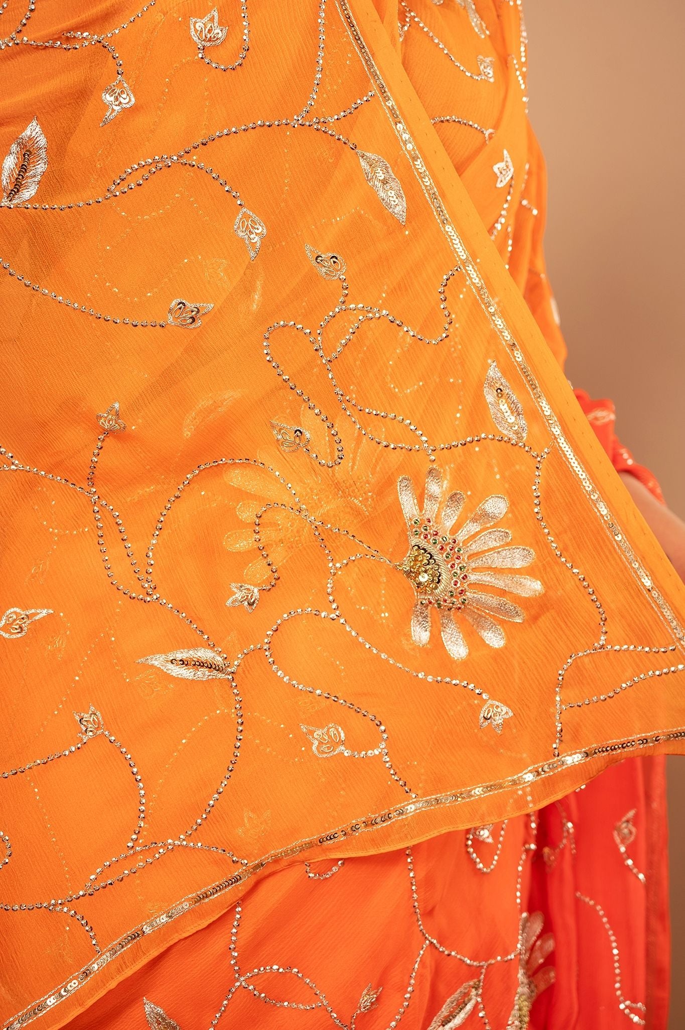 Orange light dark pure chiffon aari sequins jaal handwork saree