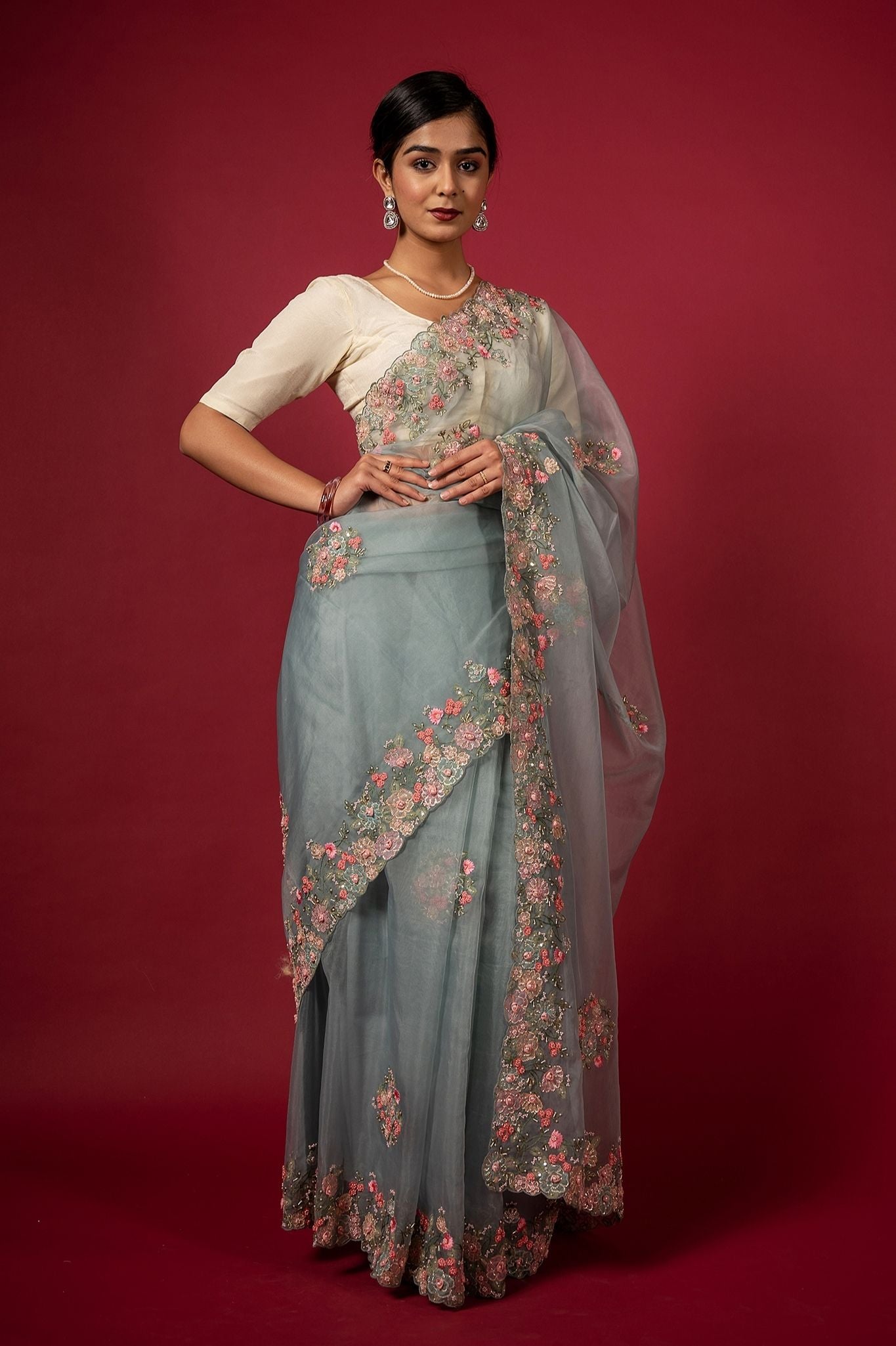 Grey organza fancy work handwork saree