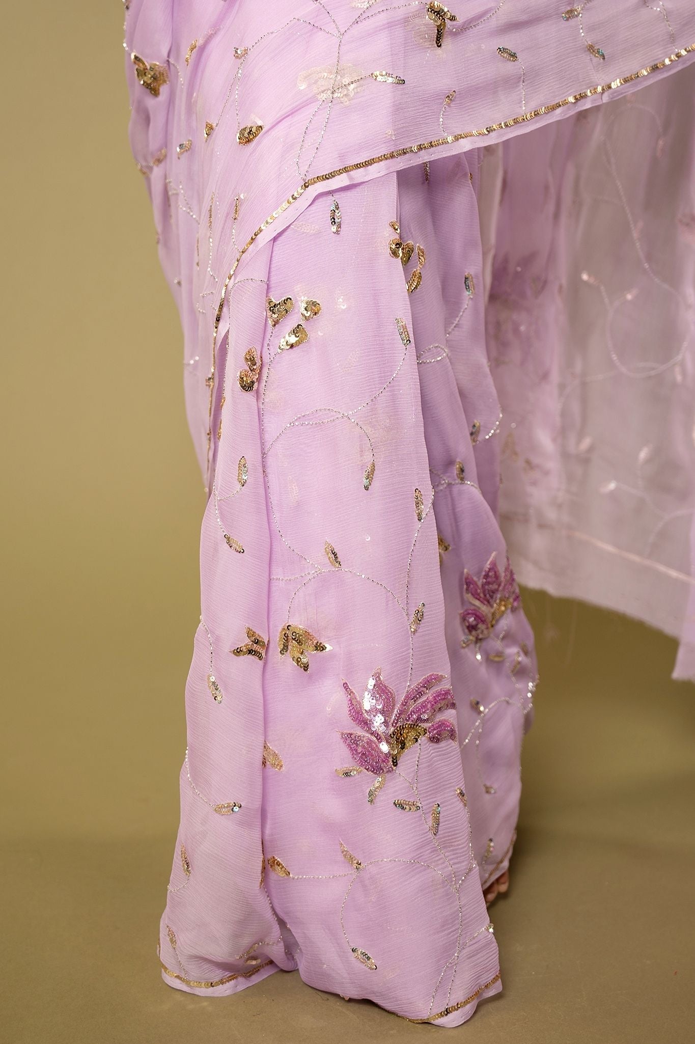 Lavender pure chiffon sequins kardana jaal handwork saree