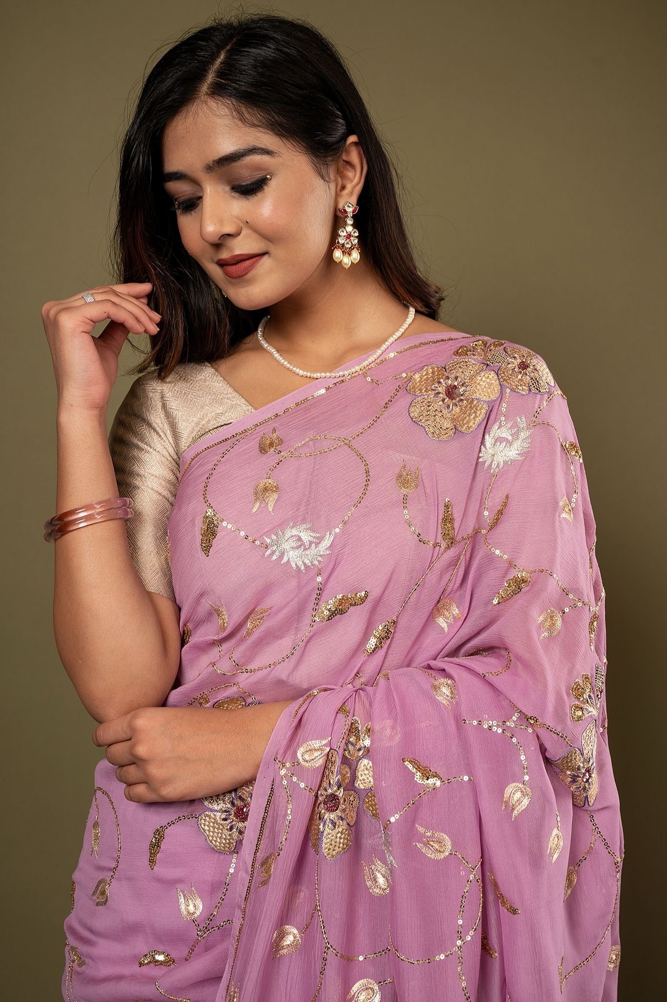 Lavender pure chiffon aari sequins jaal handwork saree
