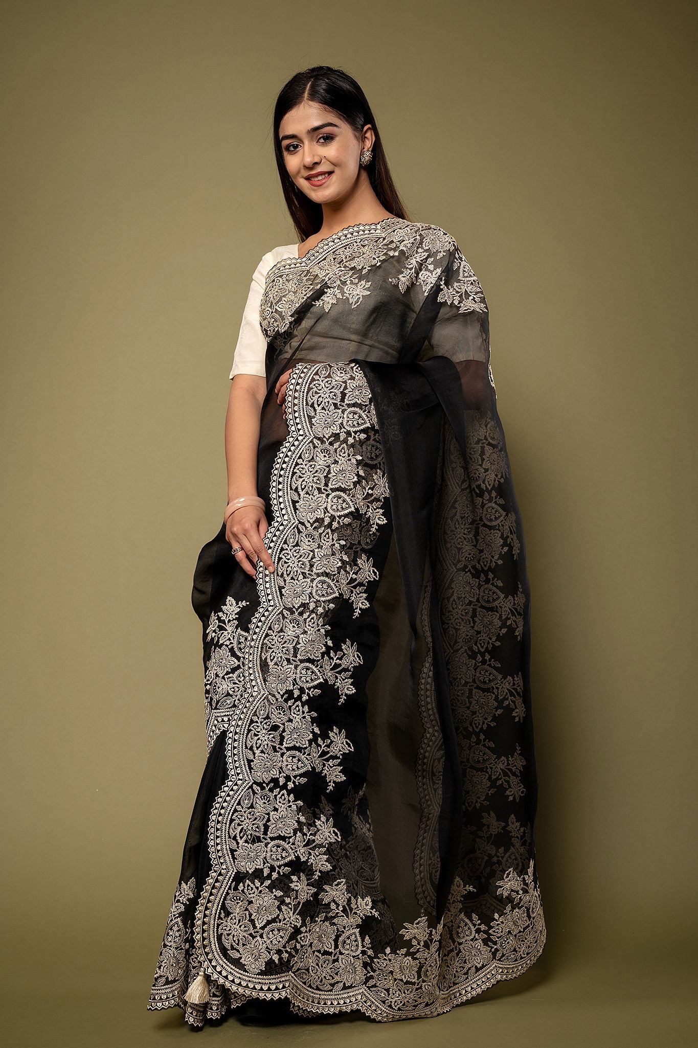 Black Organza dabka marodi border butti handwork saree
