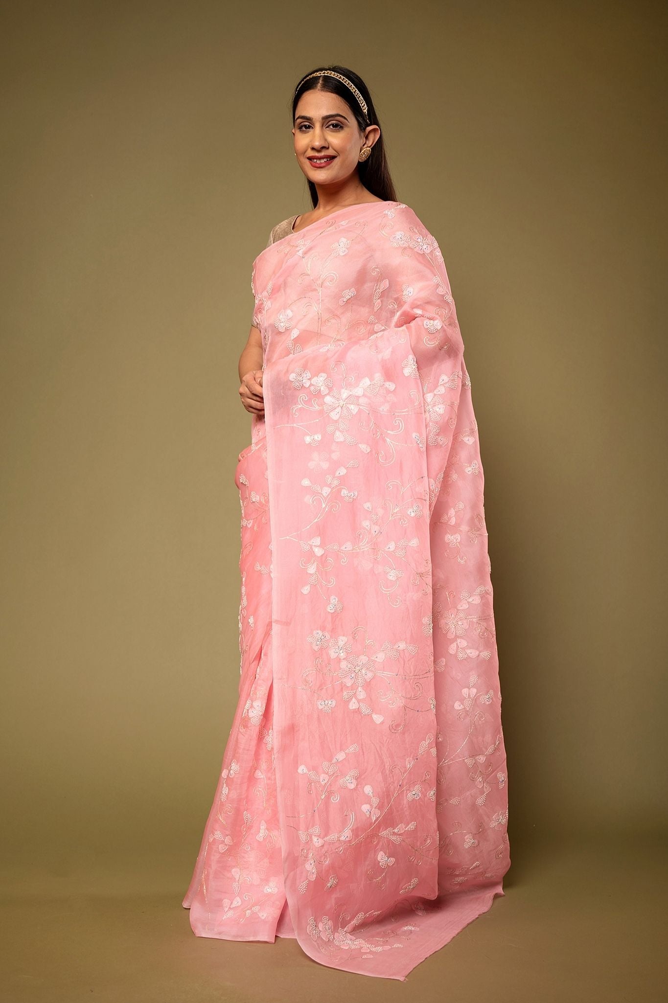 Baby Pink Organza resham embroidery jaal Handwork Saree