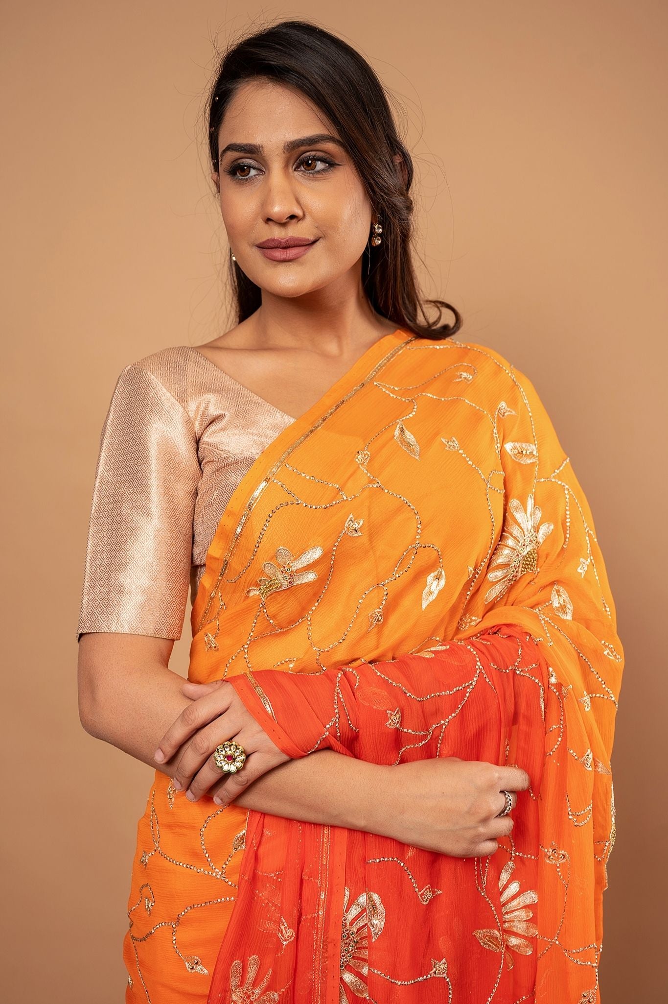 Orange light dark pure chiffon aari sequins jaal handwork saree