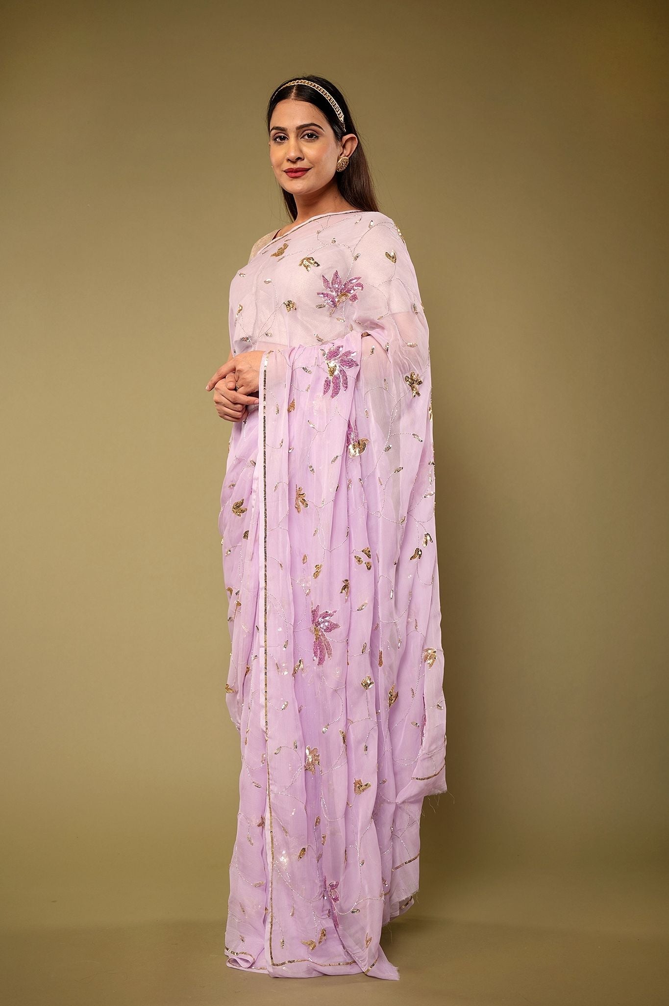 Lavender pure chiffon sequins kardana jaal handwork saree