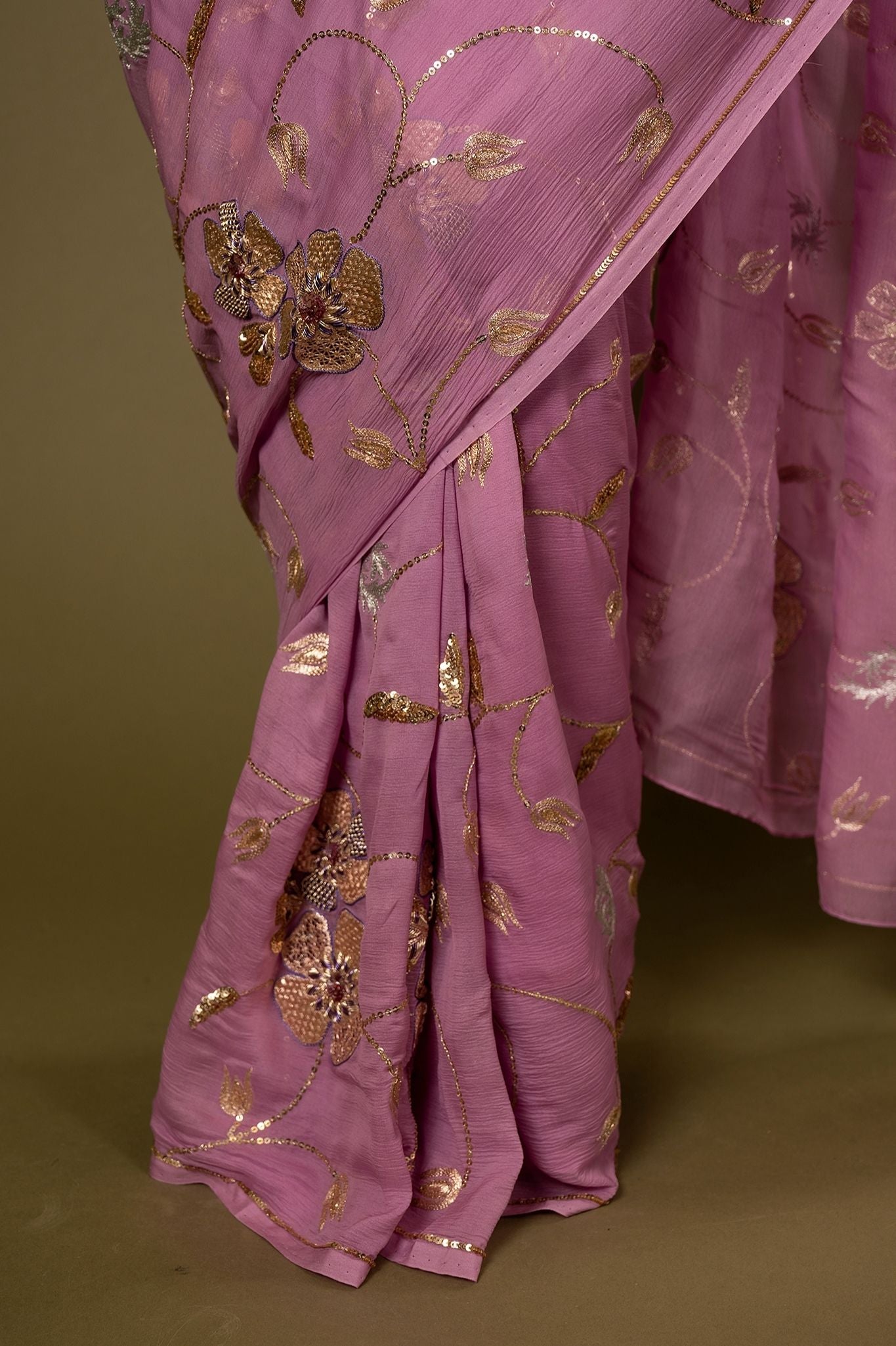 Lavender pure chiffon aari sequins jaal handwork saree