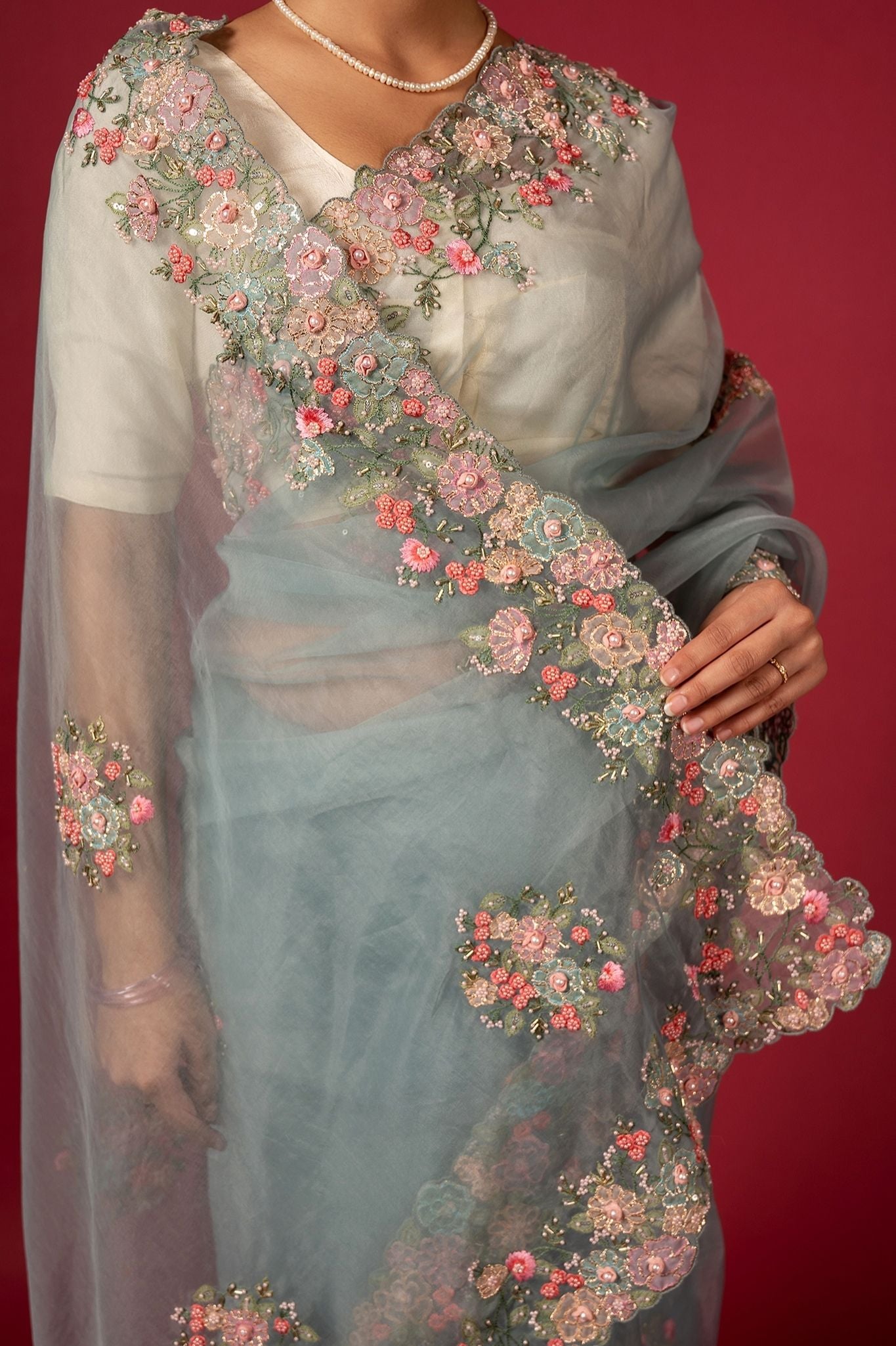 Grey organza fancy work handwork saree