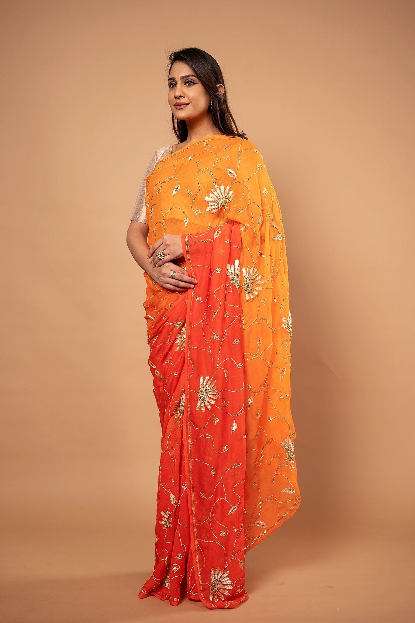 Orange light dark pure chiffon aari sequins jaal handwork saree