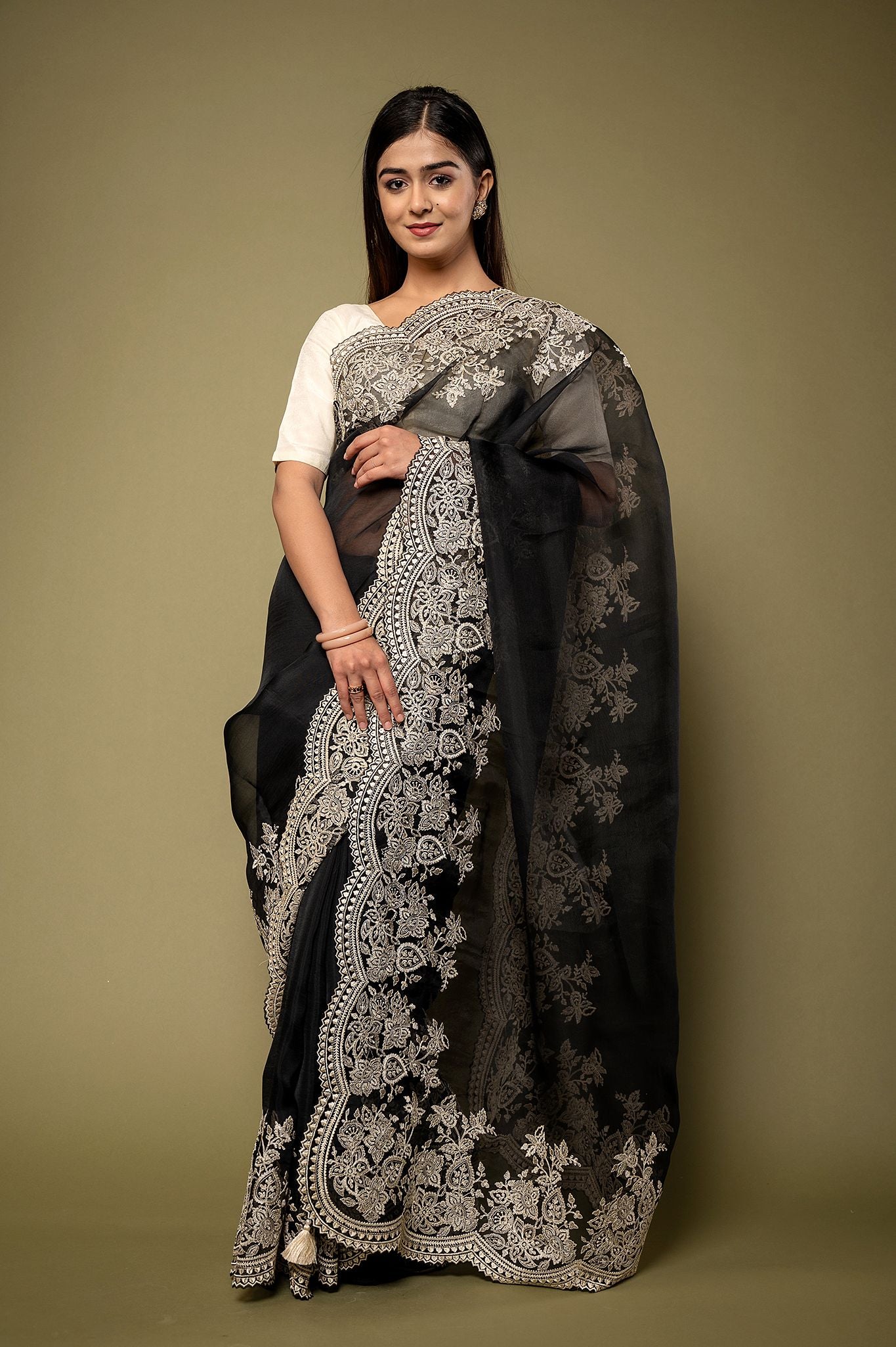 Black Organza dabka marodi border butti handwork saree